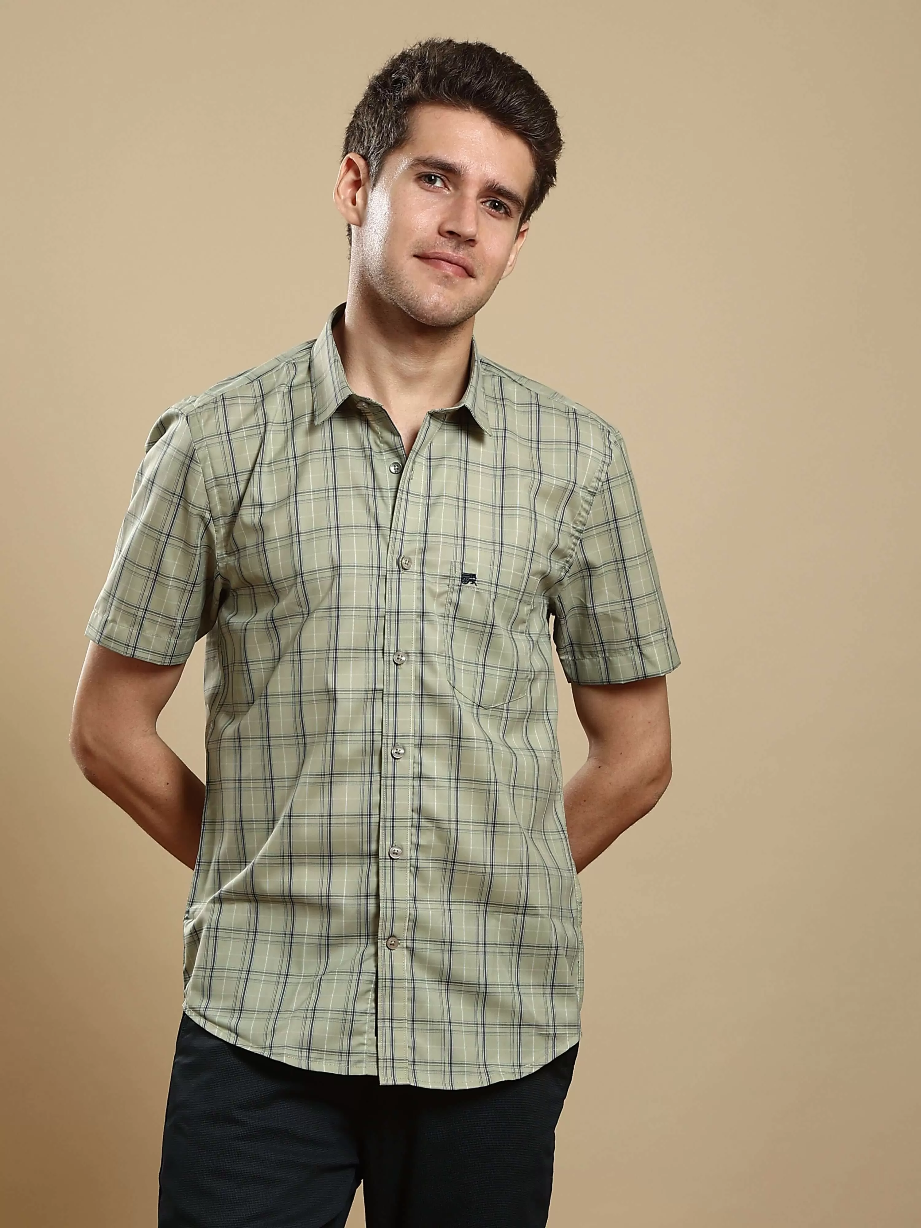 Light green casual check half sleeves shirt