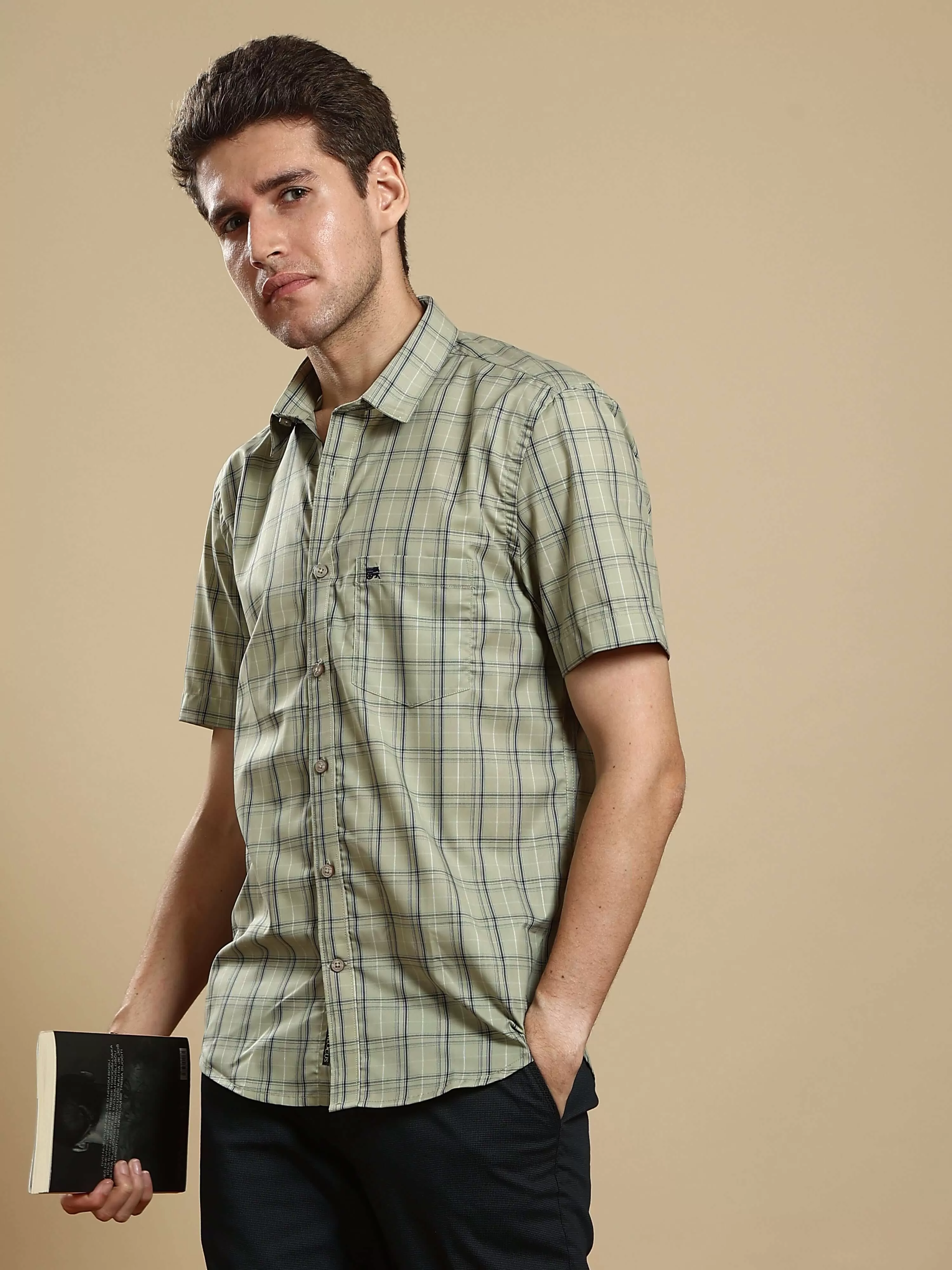 Light green casual check half sleeves shirt