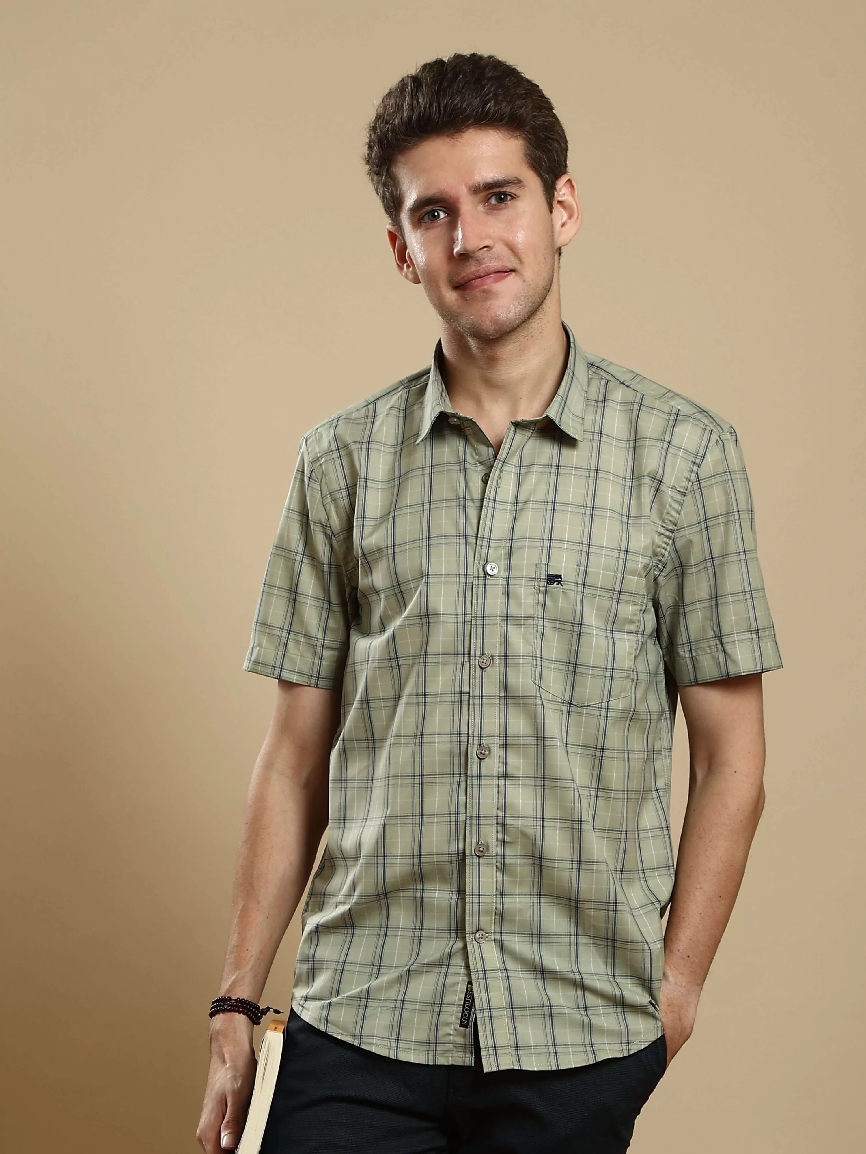 Light green casual check half sleeves shirt