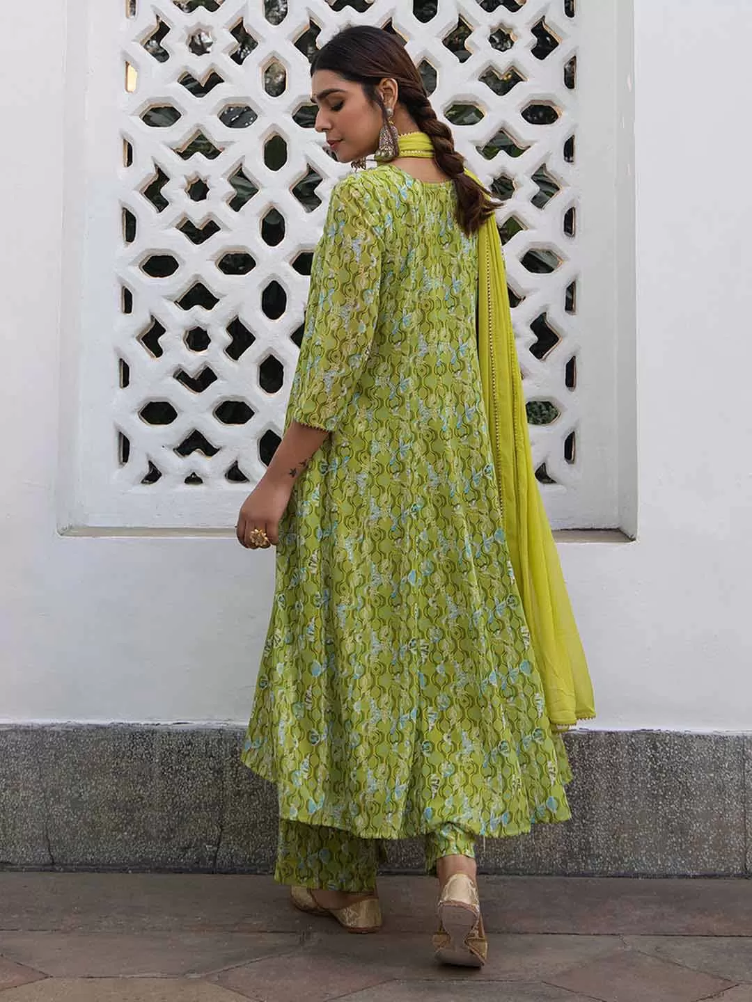 Lime Georgette Yoke Embroidery Anarkali Kurta Set