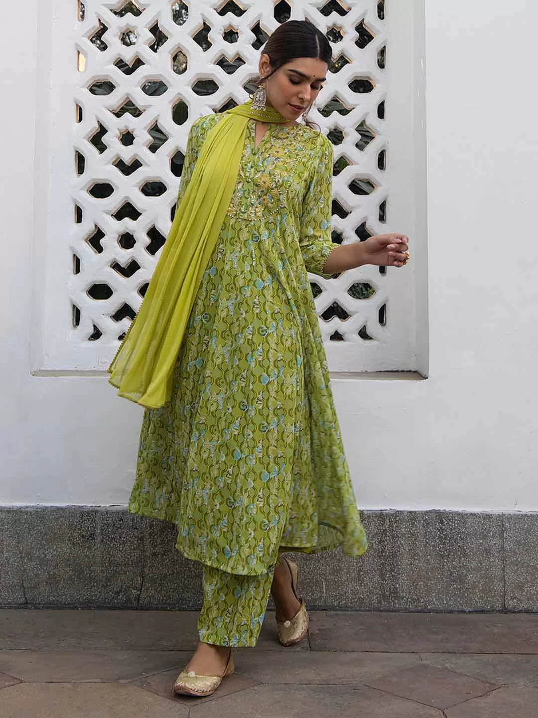 Lime Georgette Yoke Embroidery Anarkali Kurta Set