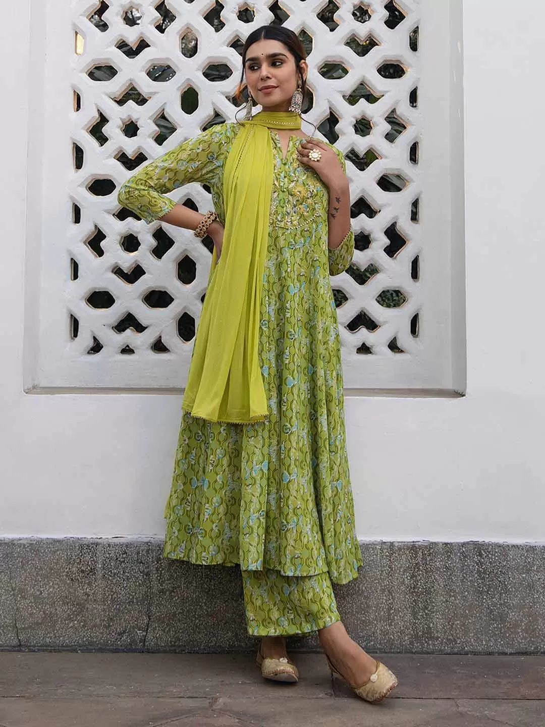 Lime Georgette Yoke Embroidery Anarkali Kurta Set