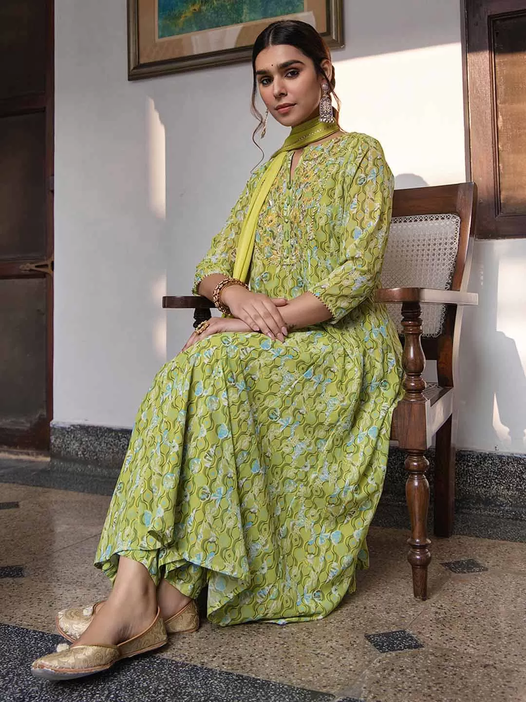 Lime Georgette Yoke Embroidery Anarkali Kurta Set