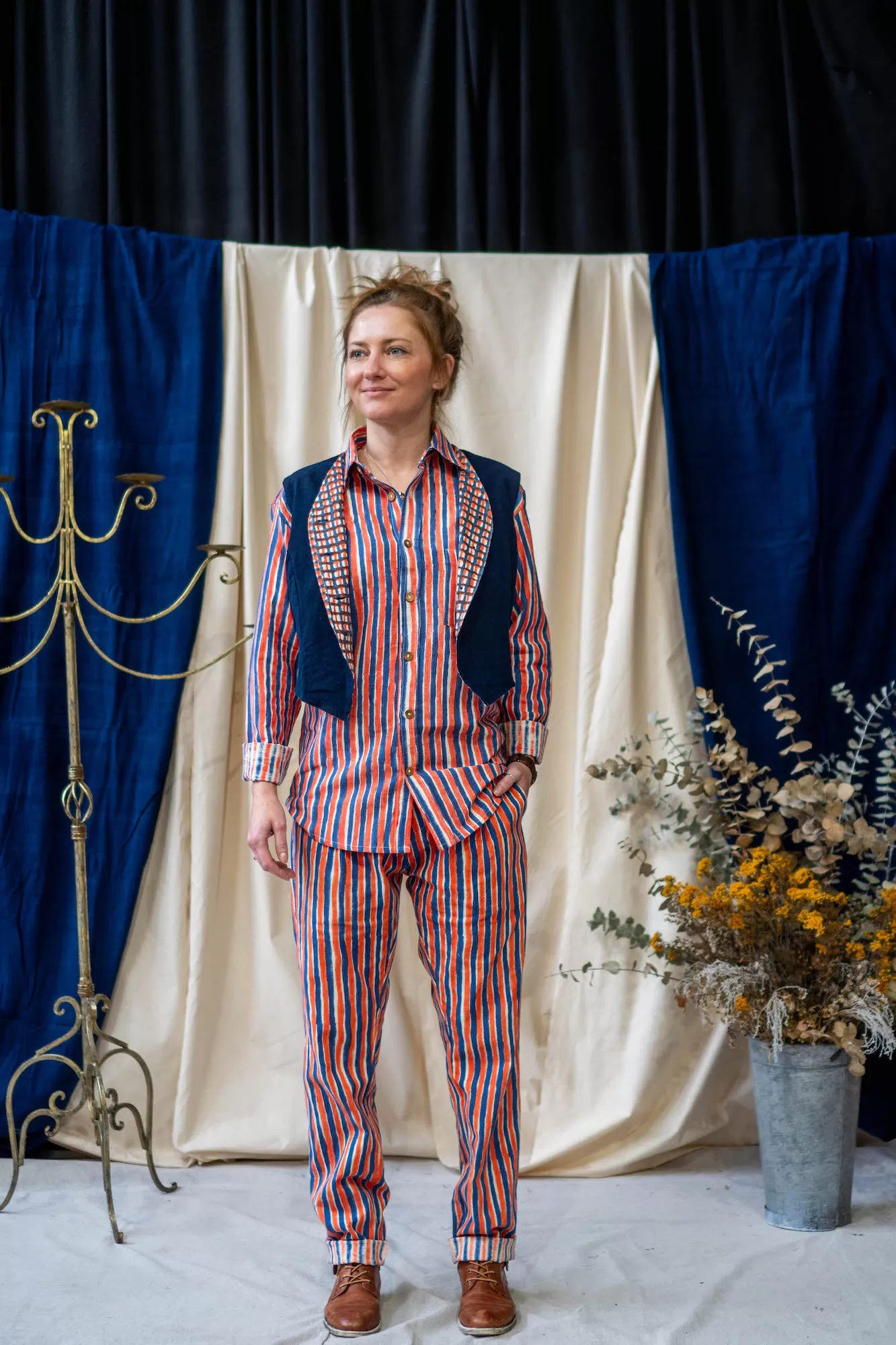 Long Sleeve Shirt - Blue and Orange Stripe Print