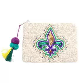 Mardi Gras Beaded Sequin Fleur de Lis Pom Pom Mini Pouch Bag