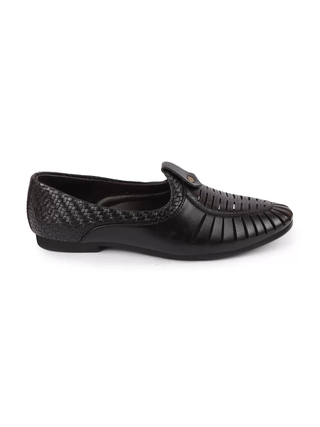 Men Black Laser Cut Knitted Design Ethnic Wedding Slip On Juttis and Mojaris