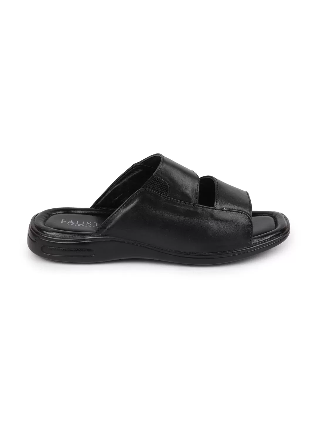 Men Black Leather Outdoor Lightweight Cushioned Slip On Slippers