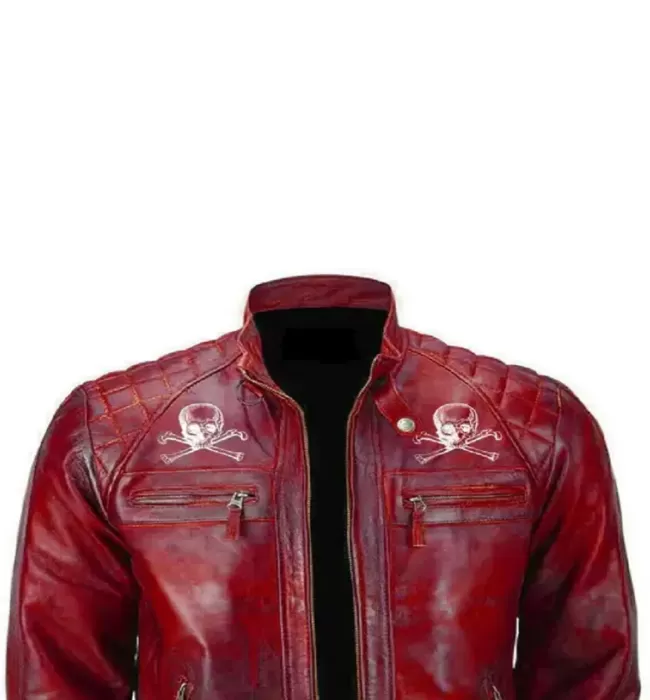 Men Red Devil Design Vintage Biker Motorcycle Distressed Leather Jacket