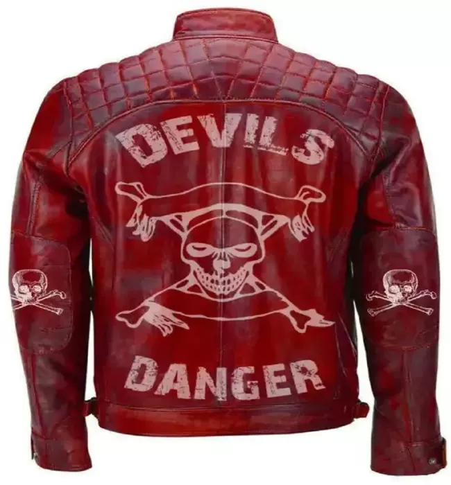 Men Red Devil Design Vintage Biker Motorcycle Distressed Leather Jacket