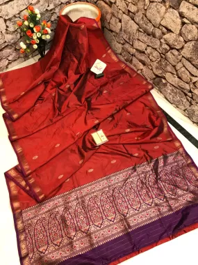 Merlot Red Color Katan Banarasi Saree with Tanchoi Pallu