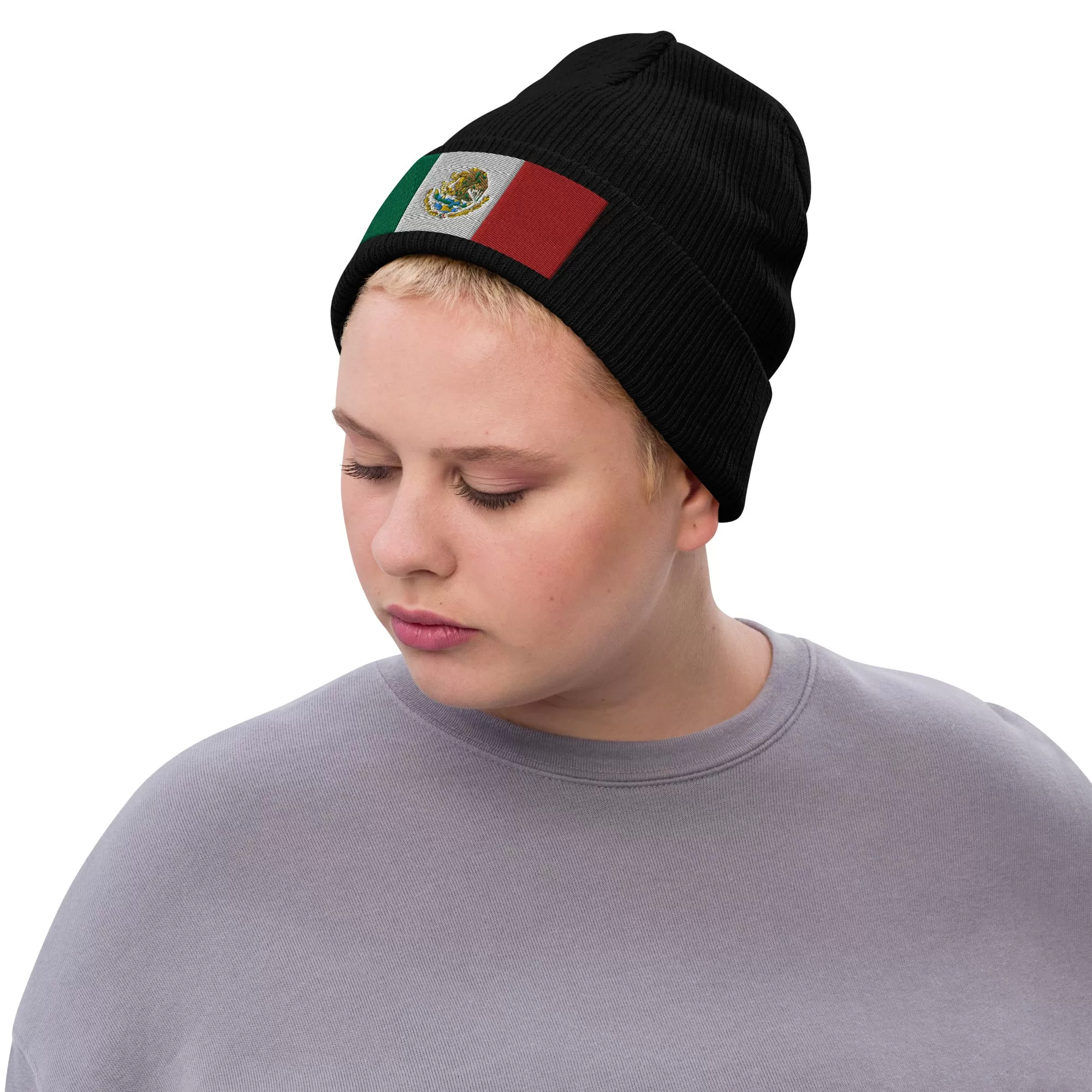 Mexico Beanie Hat With Embroidered Mexican Flag / Recycled Polyester / 8 Colors