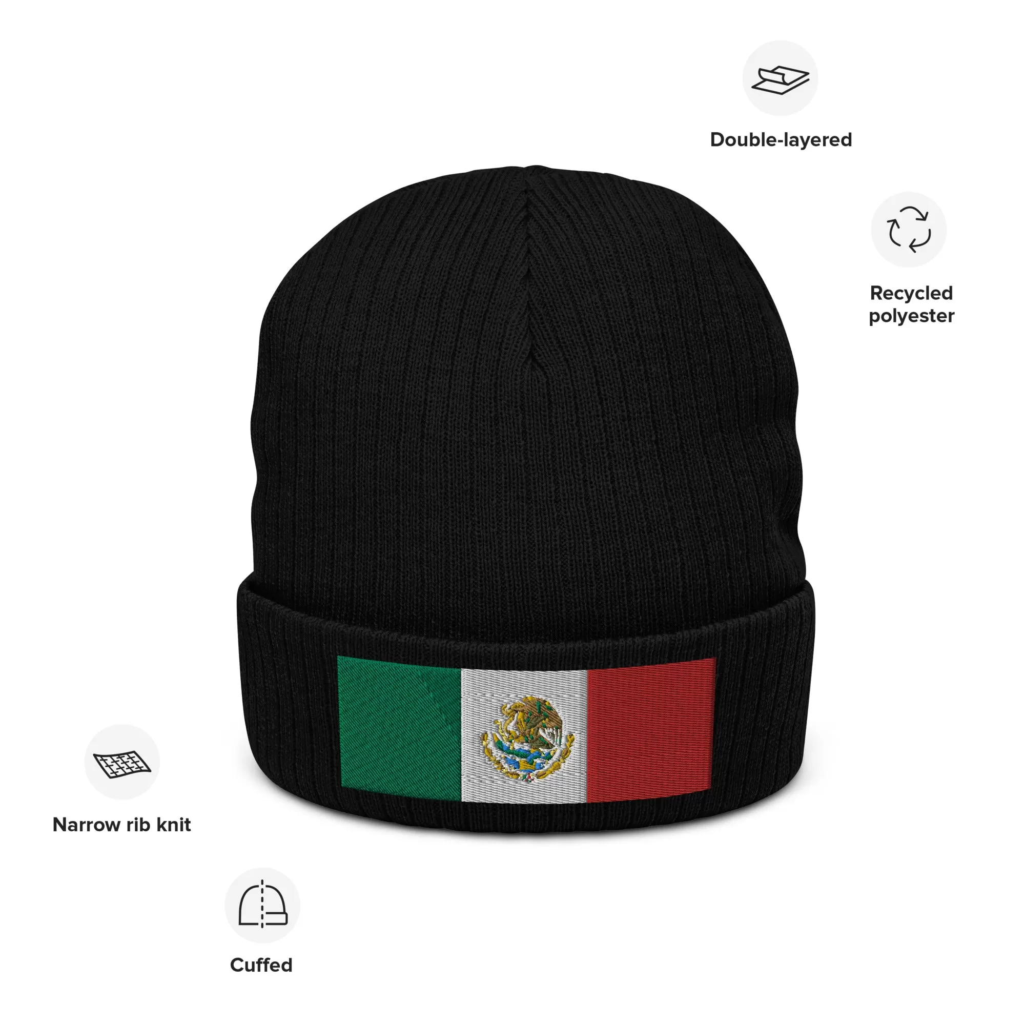 Mexico Beanie Hat With Embroidered Mexican Flag / Recycled Polyester / 8 Colors