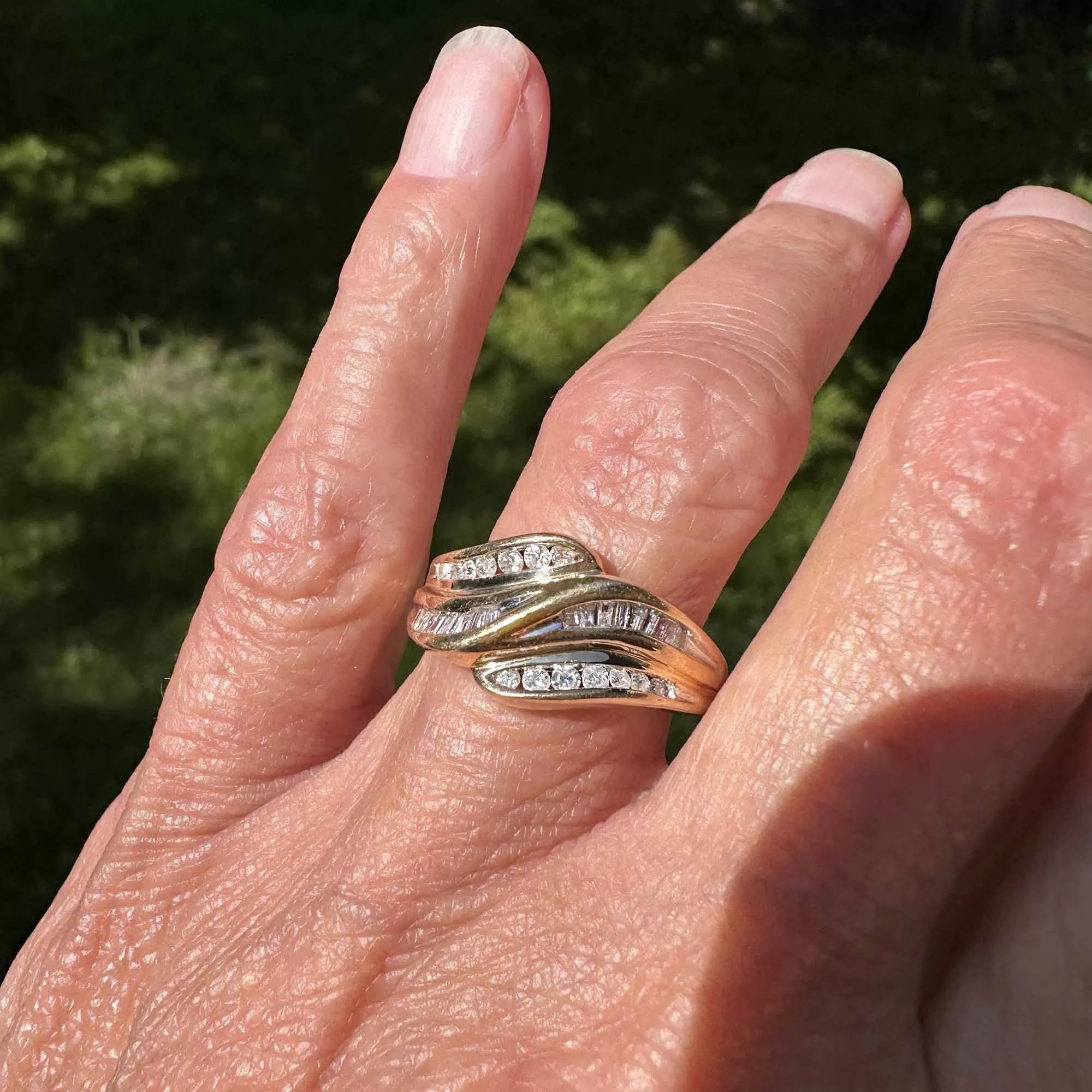 MidCentury Wide Band Brilliant & Baguette Diamond Ring