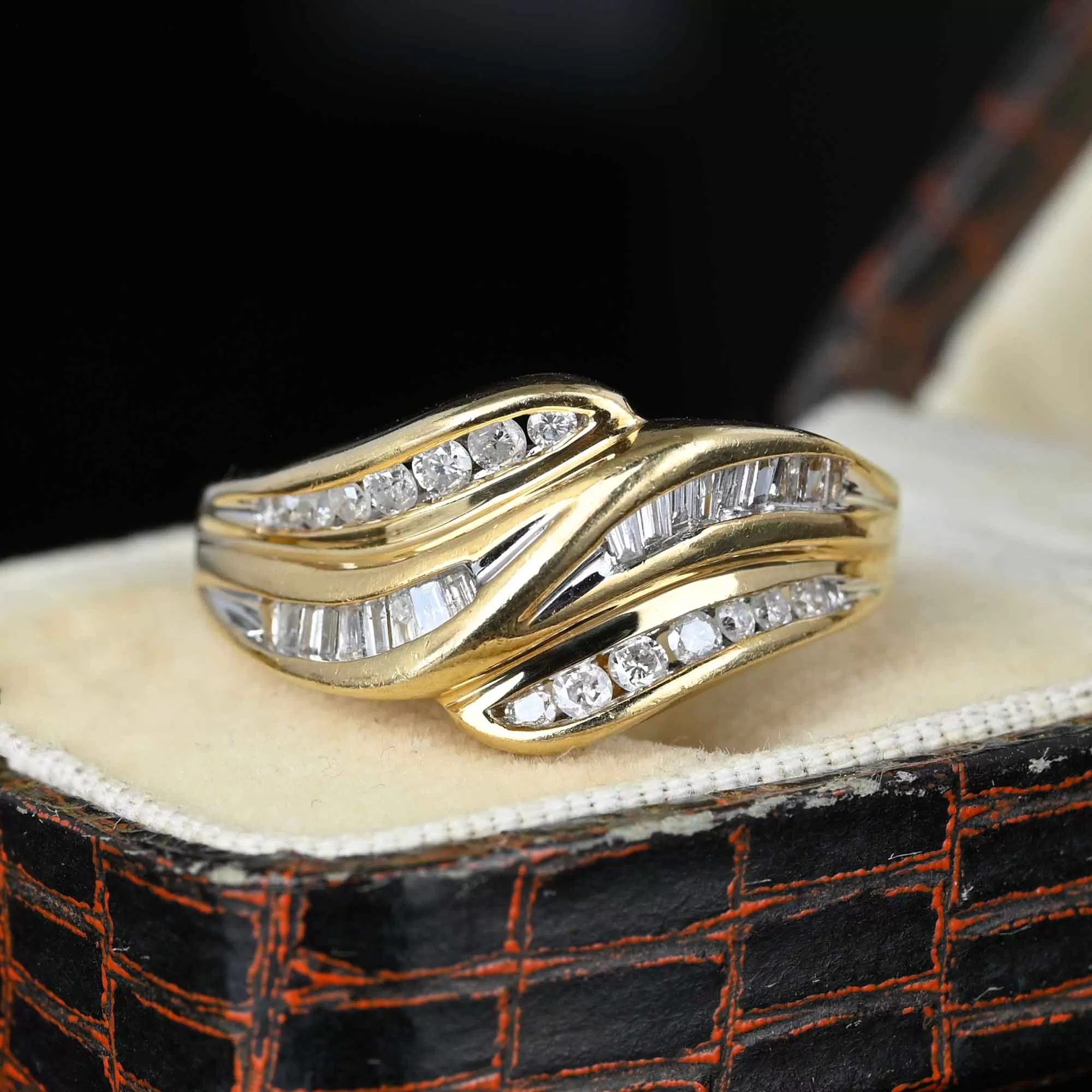 MidCentury Wide Band Brilliant & Baguette Diamond Ring