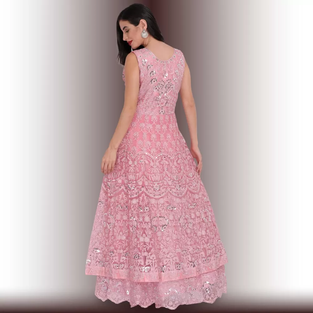 Mirror Work Gown Dress - Baby Pink