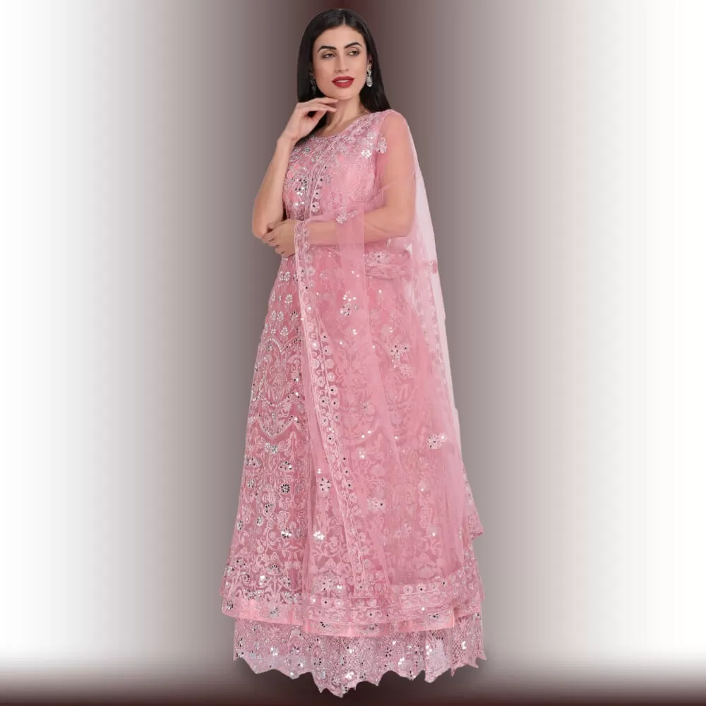 Mirror Work Gown Dress - Baby Pink