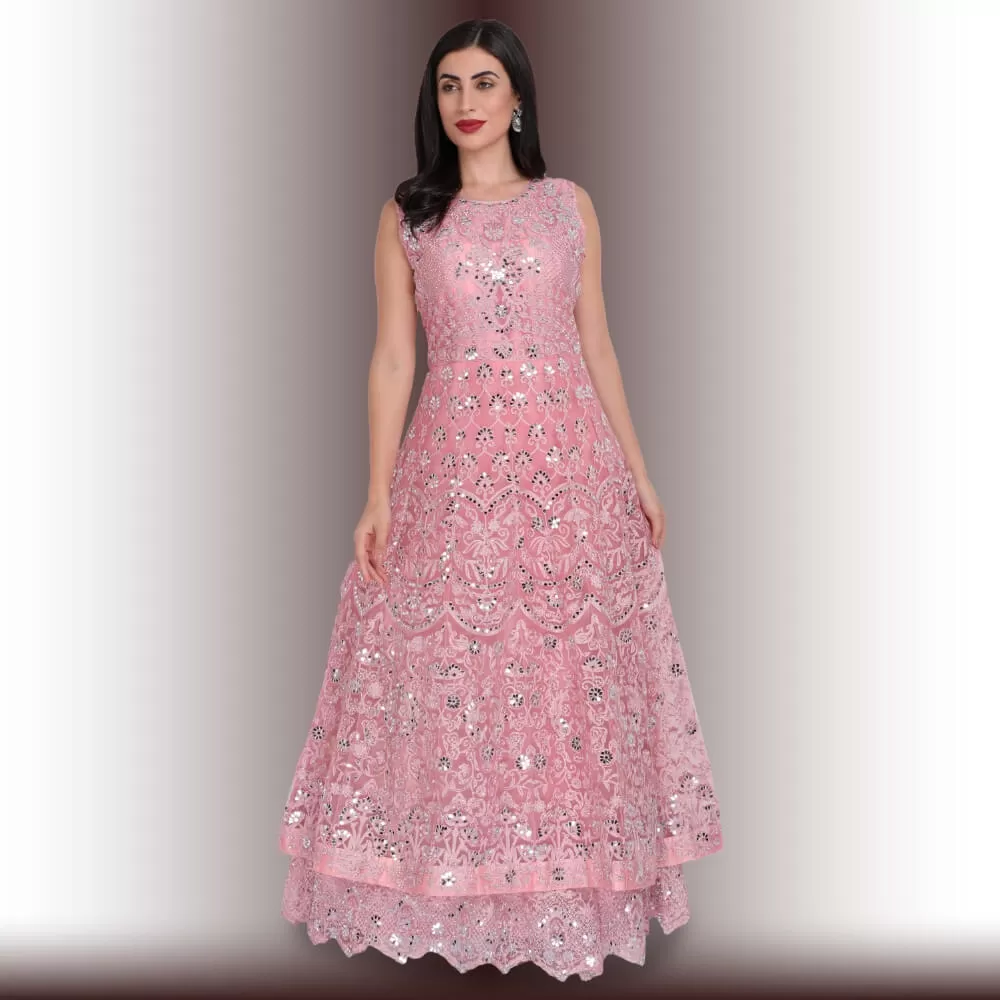 Mirror Work Gown Dress - Baby Pink