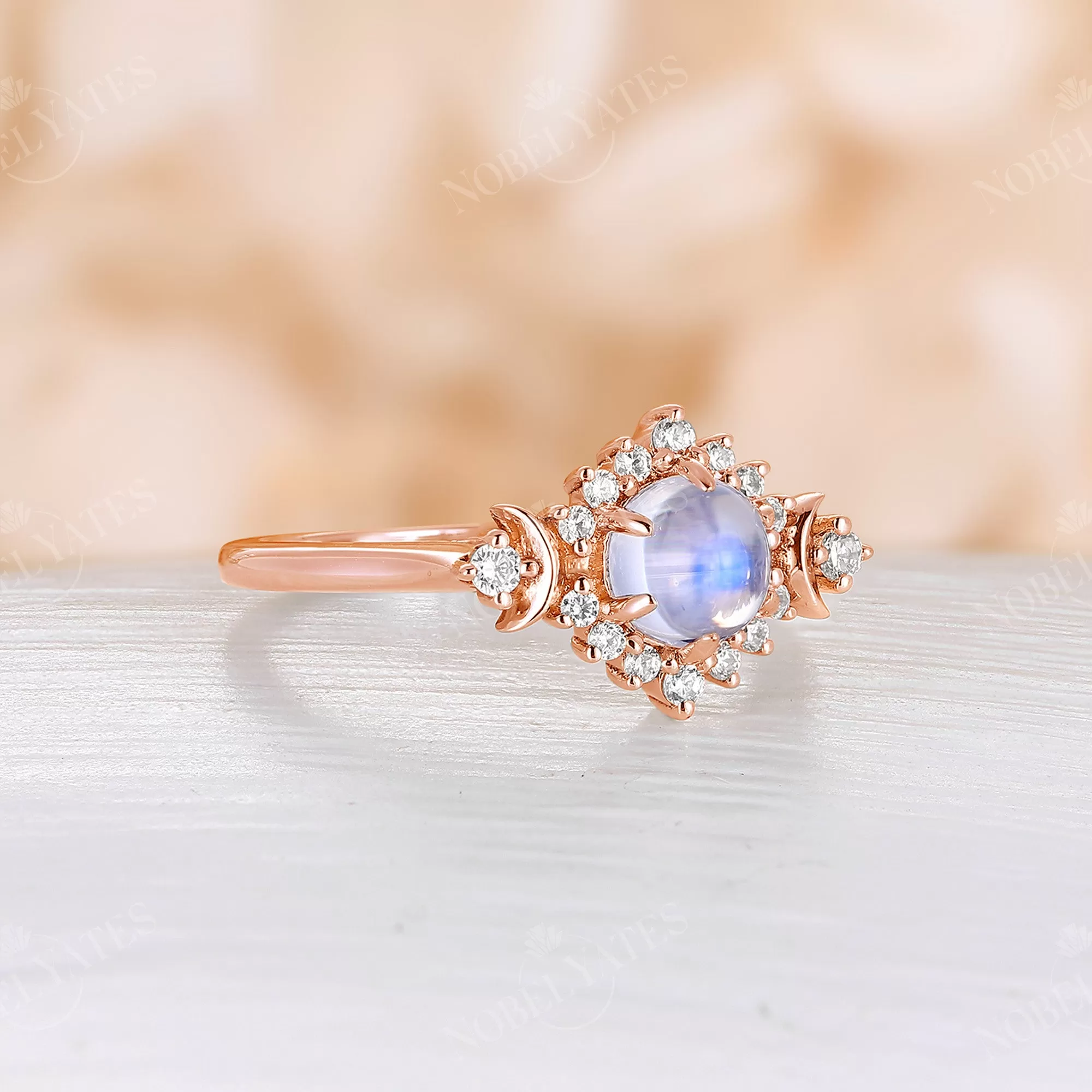 Moonstone Halo Diamond Celestial Engagement ring Rose Gold