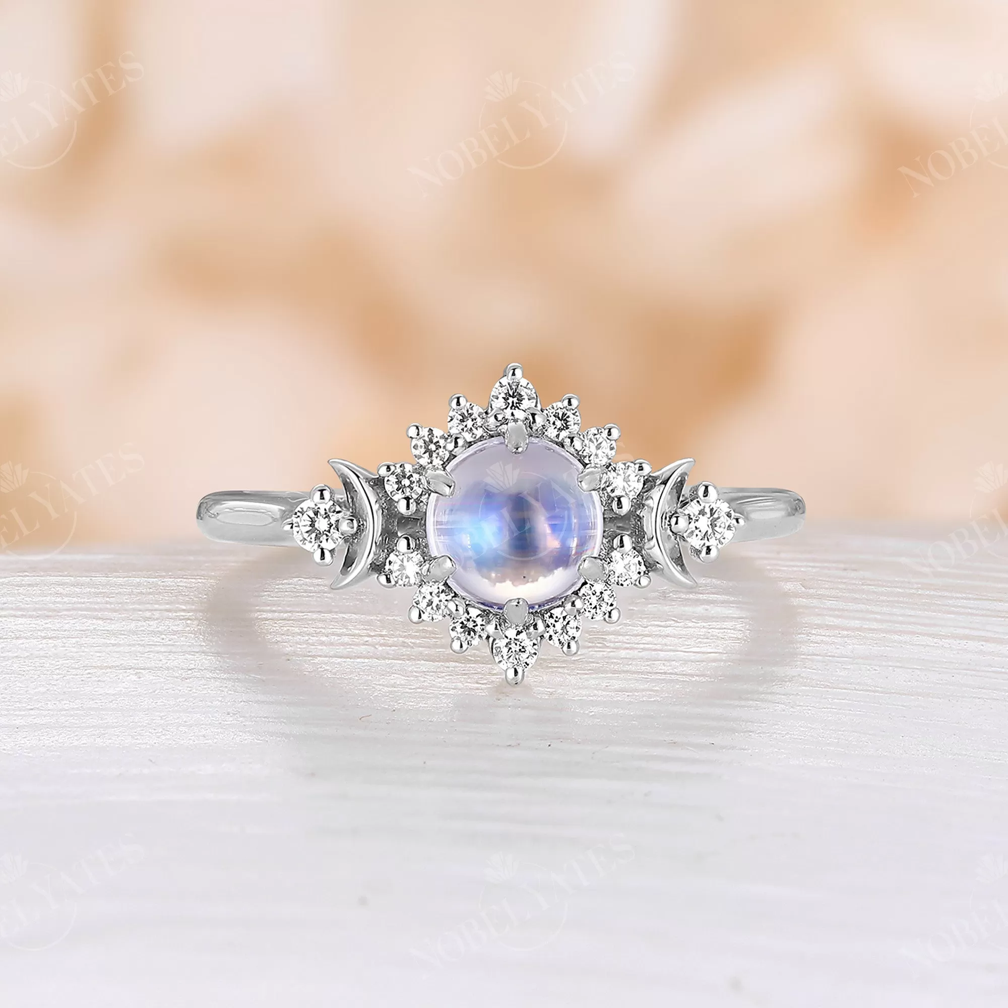 Moonstone Halo Diamond Celestial Engagement ring Rose Gold