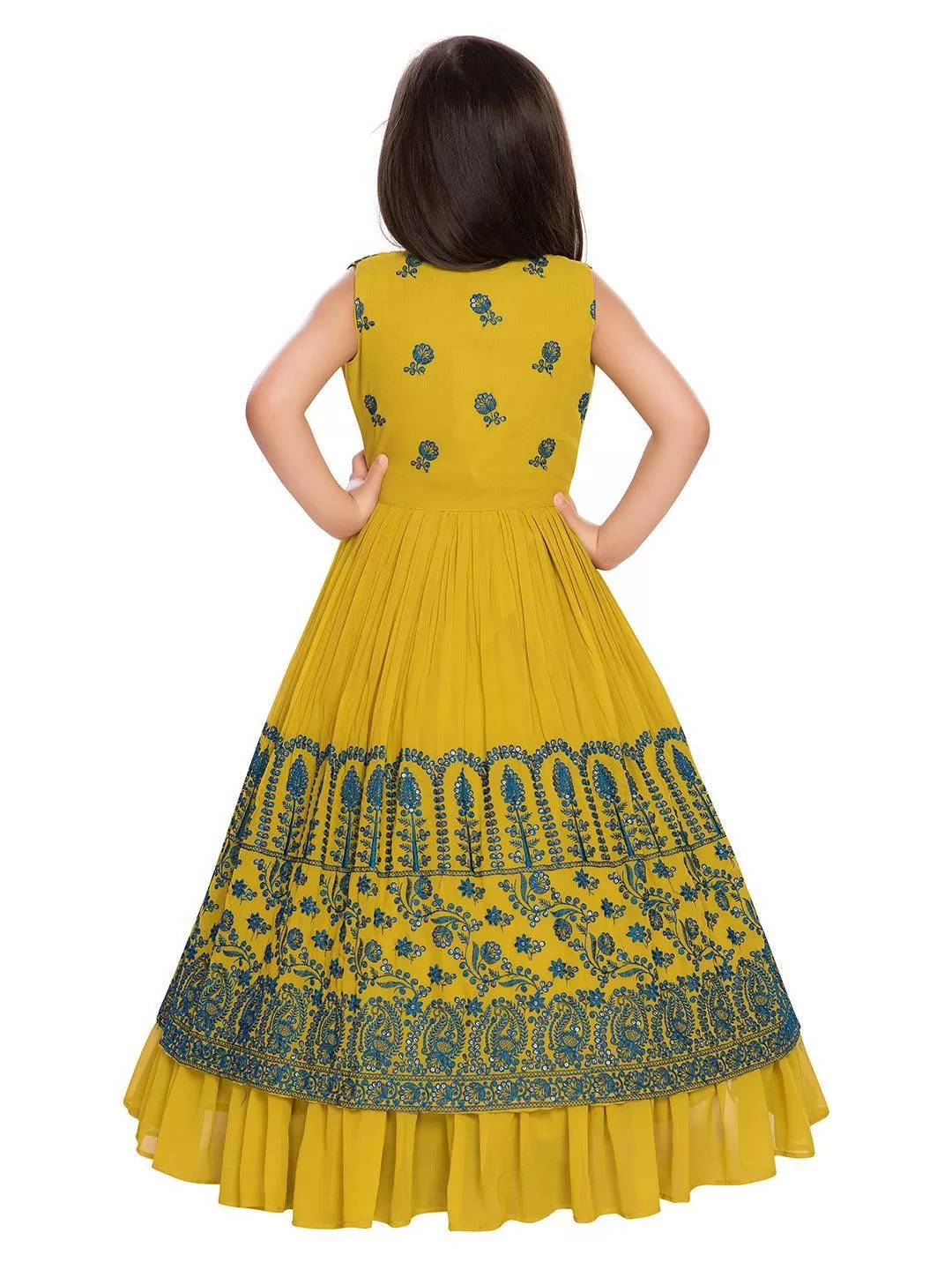 Mustard and Green Ethnic Motifs Embellished Georgette Jacket Styled Gown For Girls