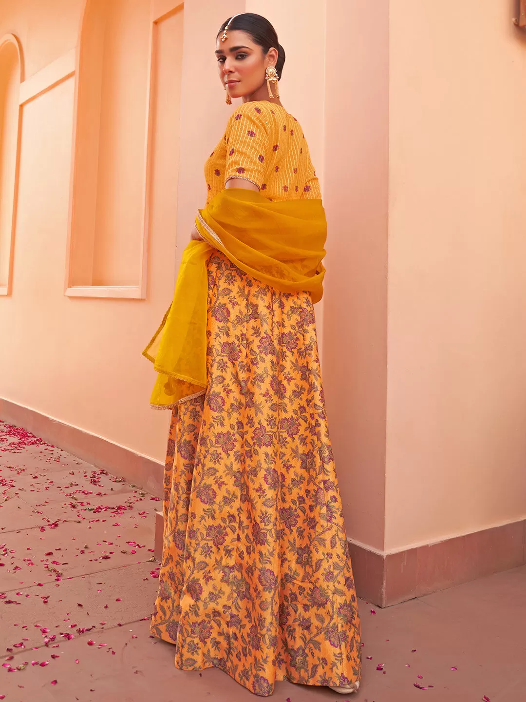 Mustard Crepe Silk Digital Floral Printed Lehenga Choli With Dupatta