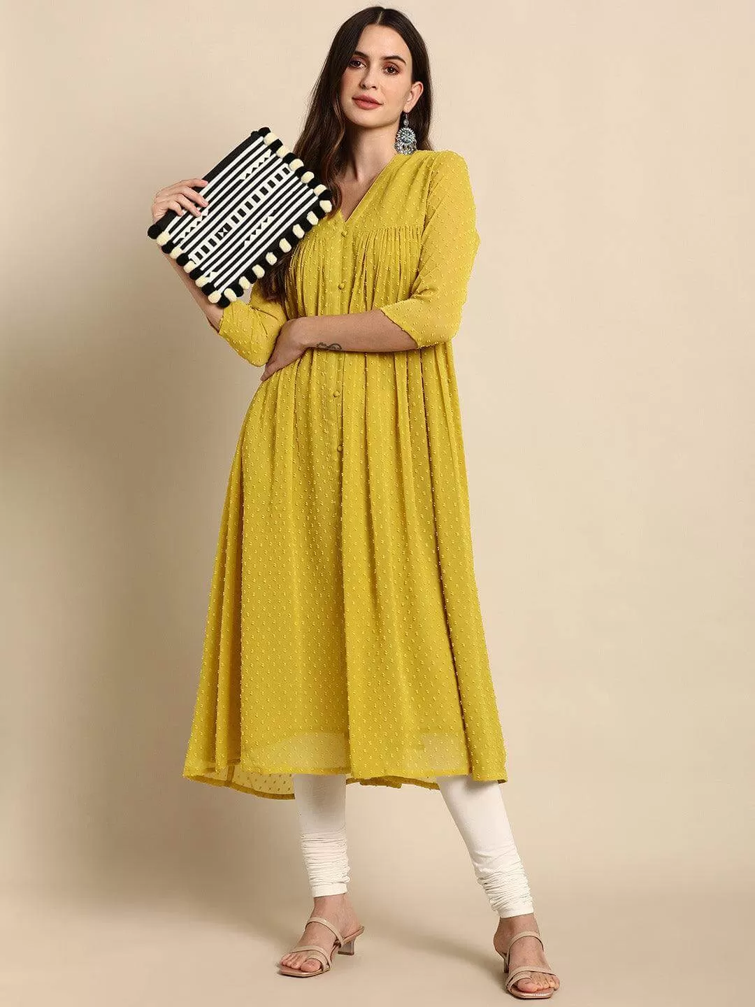 Mustard Poly Chiffon Self Design Frontslit Kurta