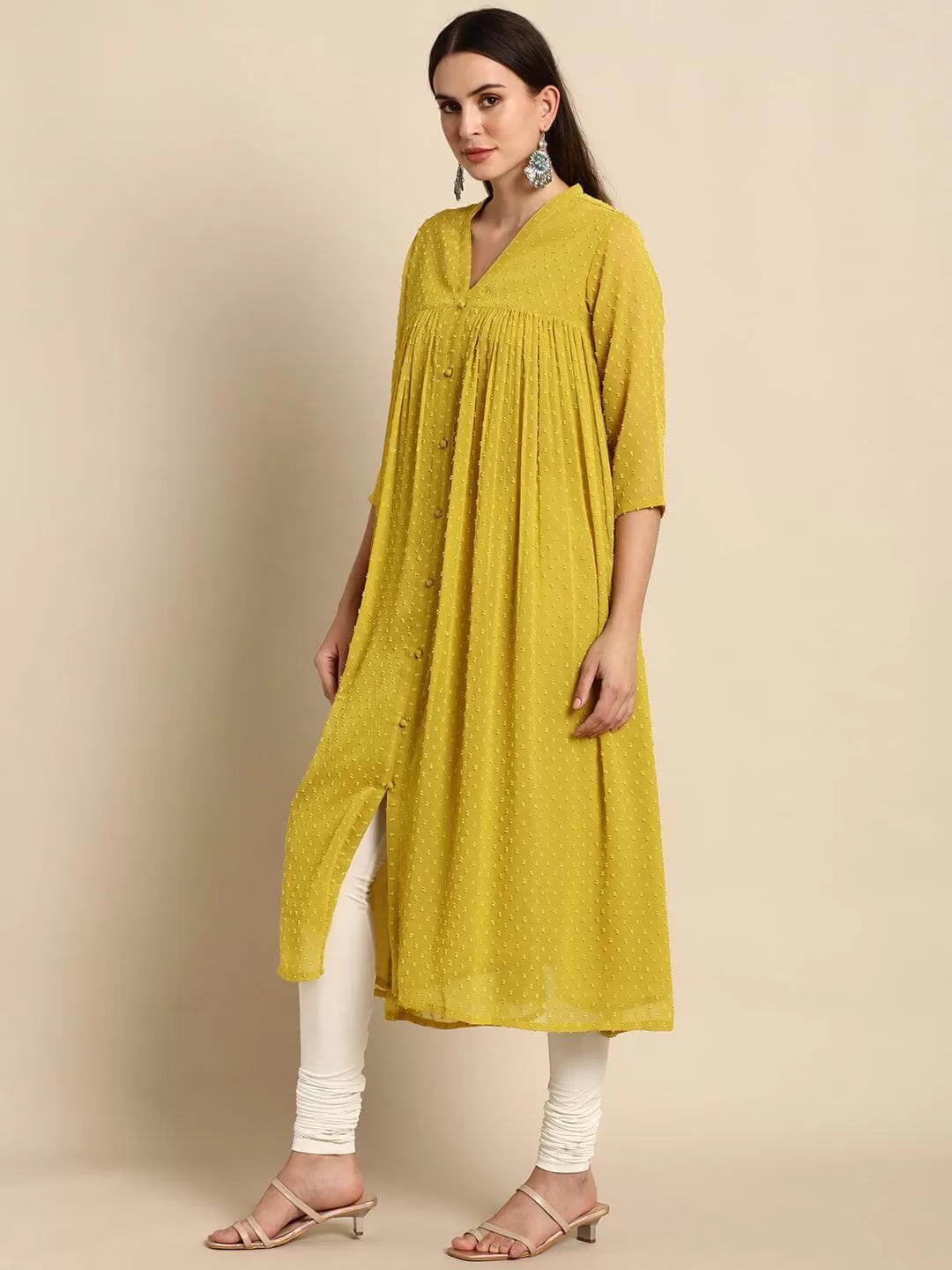 Mustard Poly Chiffon Self Design Frontslit Kurta