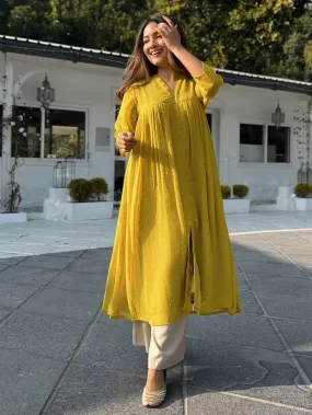 Mustard Poly Chiffon Self Design Frontslit Kurta