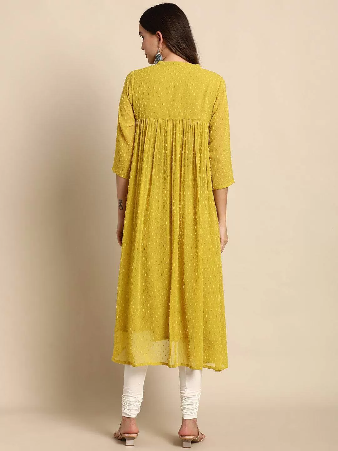 Mustard Poly Chiffon Self Design Frontslit Kurta