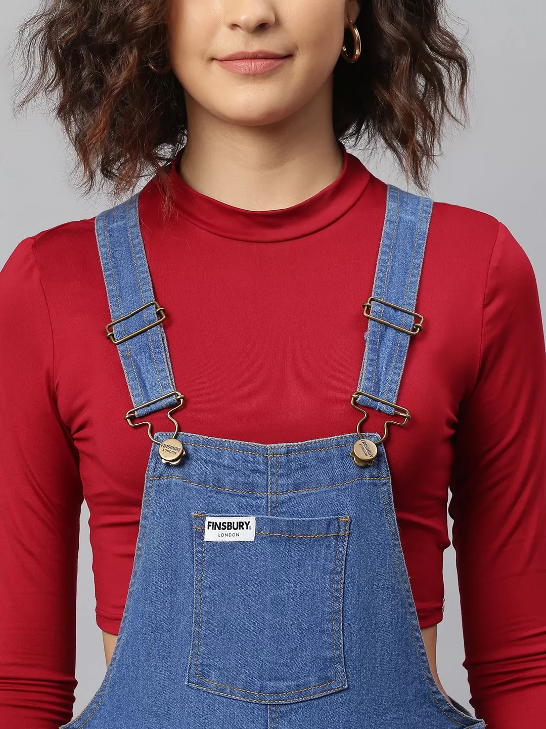 NaughtyDungaree® Women Denim Dungaree with Brown Faux Leather Bottom Hem-Fold