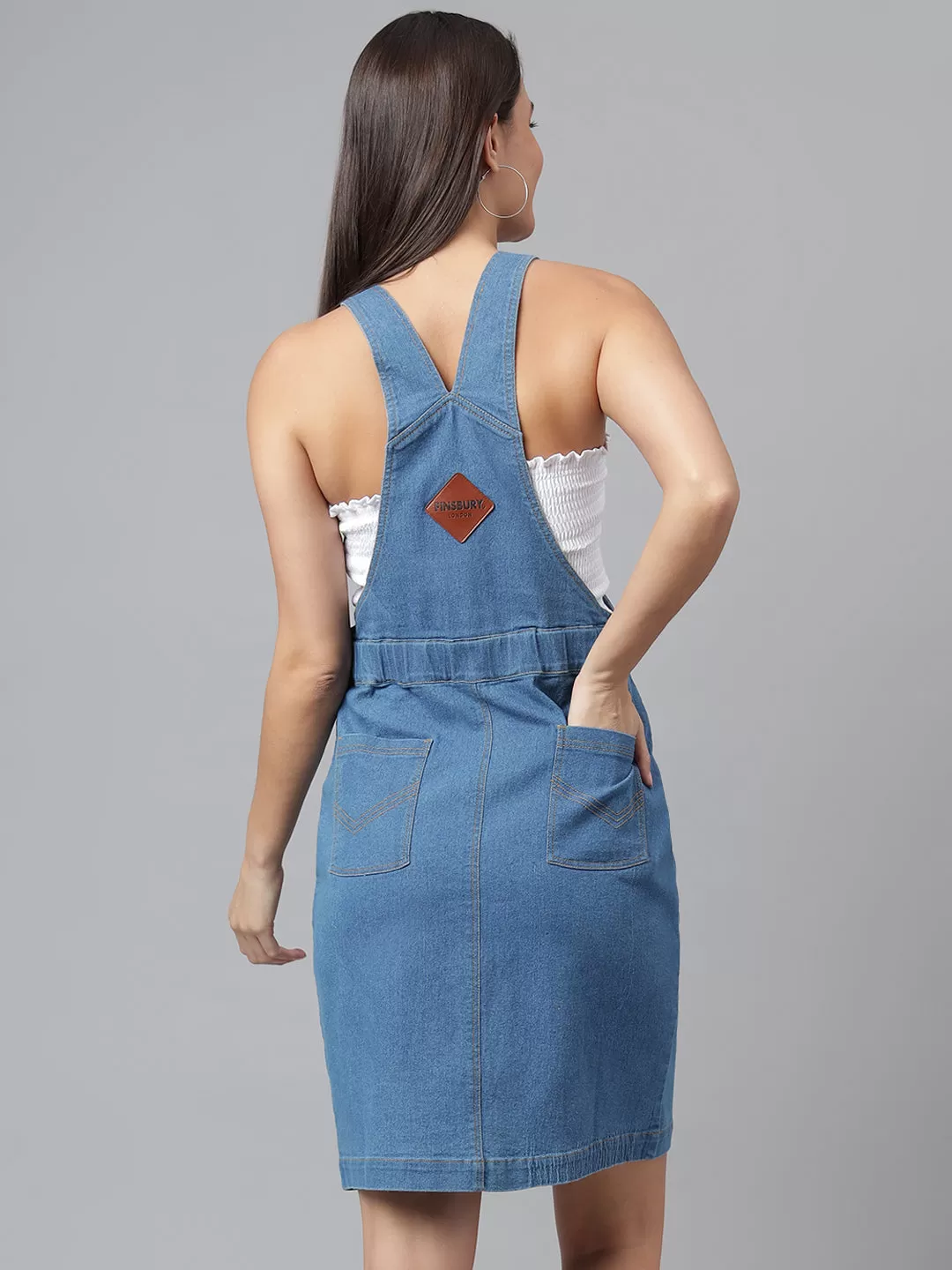 NaughtyDungaree® Women's Denim Dungaree Dress with Contrast White Stings