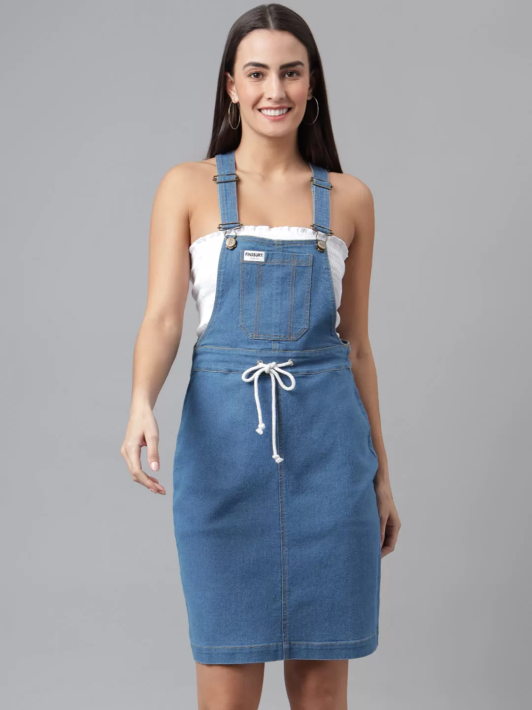 NaughtyDungaree® Women's Denim Dungaree Dress with Contrast White Stings