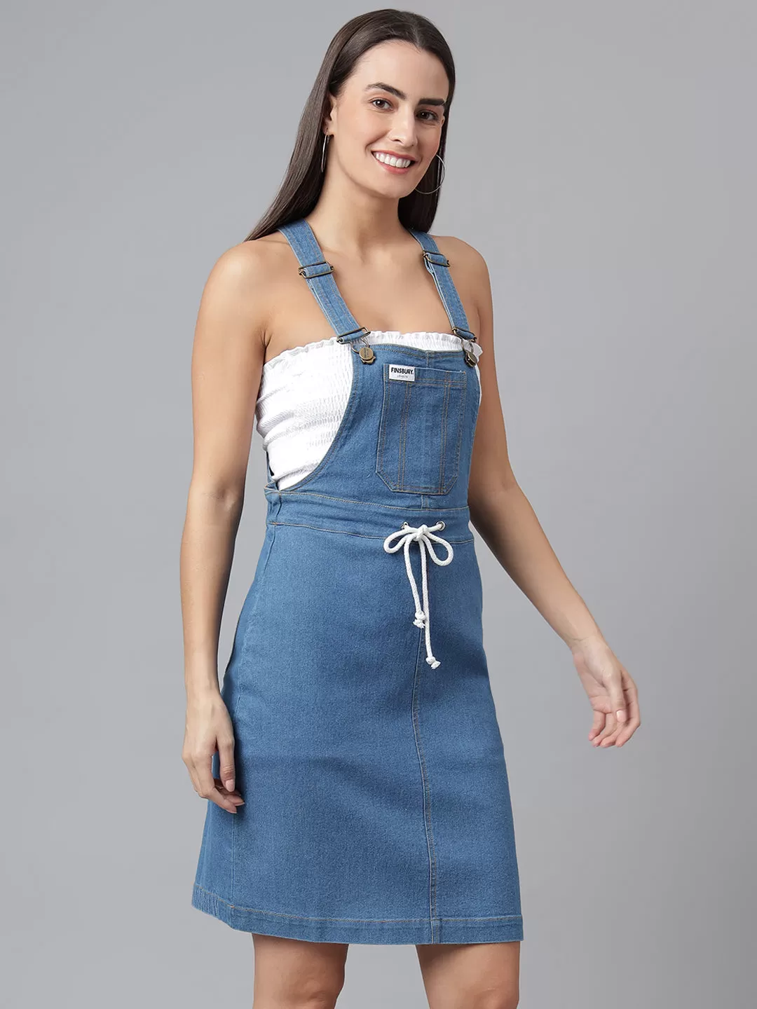 NaughtyDungaree® Women's Denim Dungaree Dress with Contrast White Stings