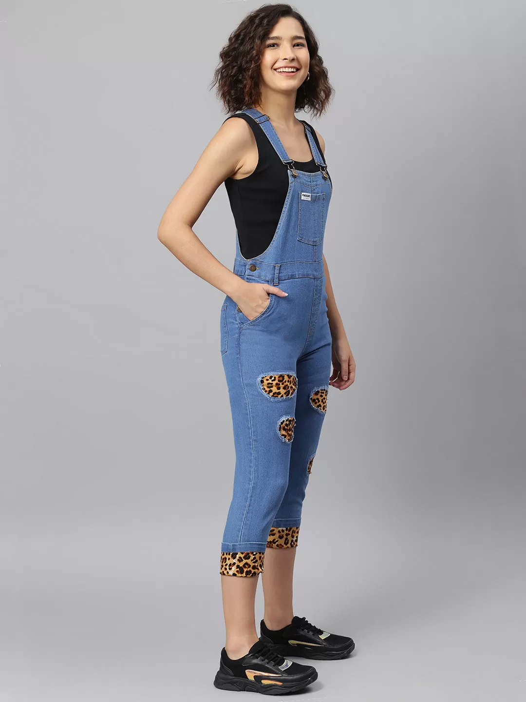 NaughtyDungaree® Womens Denim Dungaree with Leopard Print Infusion