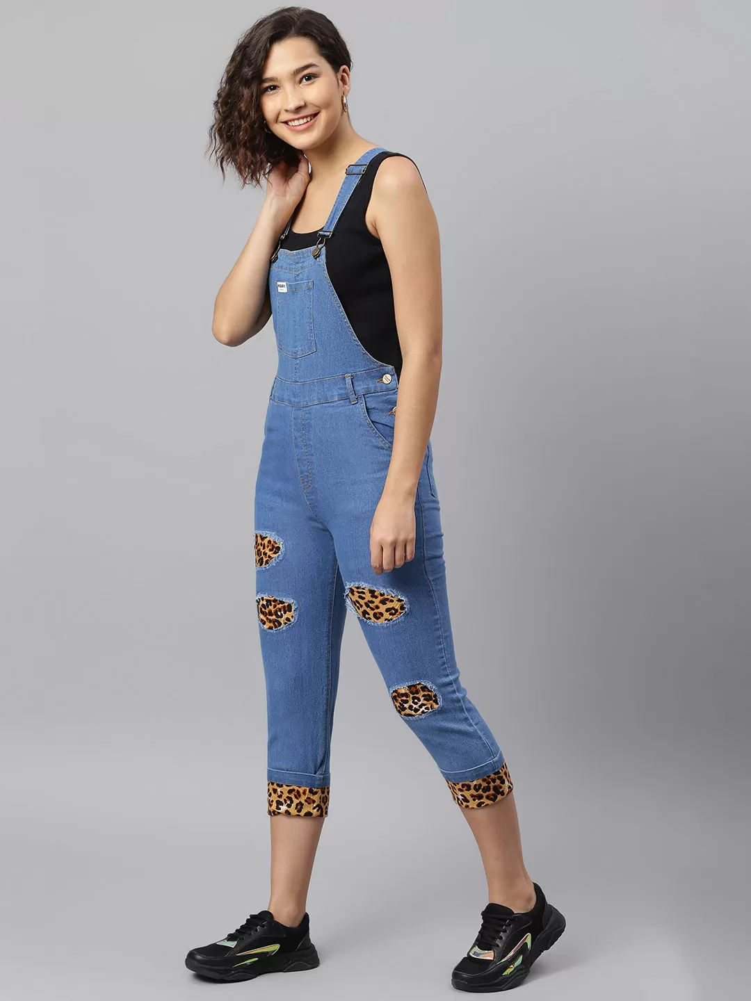 NaughtyDungaree® Womens Denim Dungaree with Leopard Print Infusion