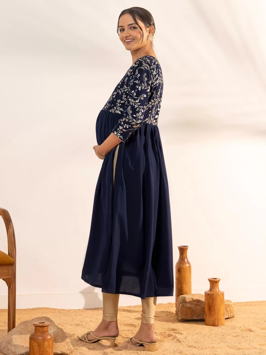 Navy Blue Georgette Yoke Foil Printed A Line Maternity Kurta