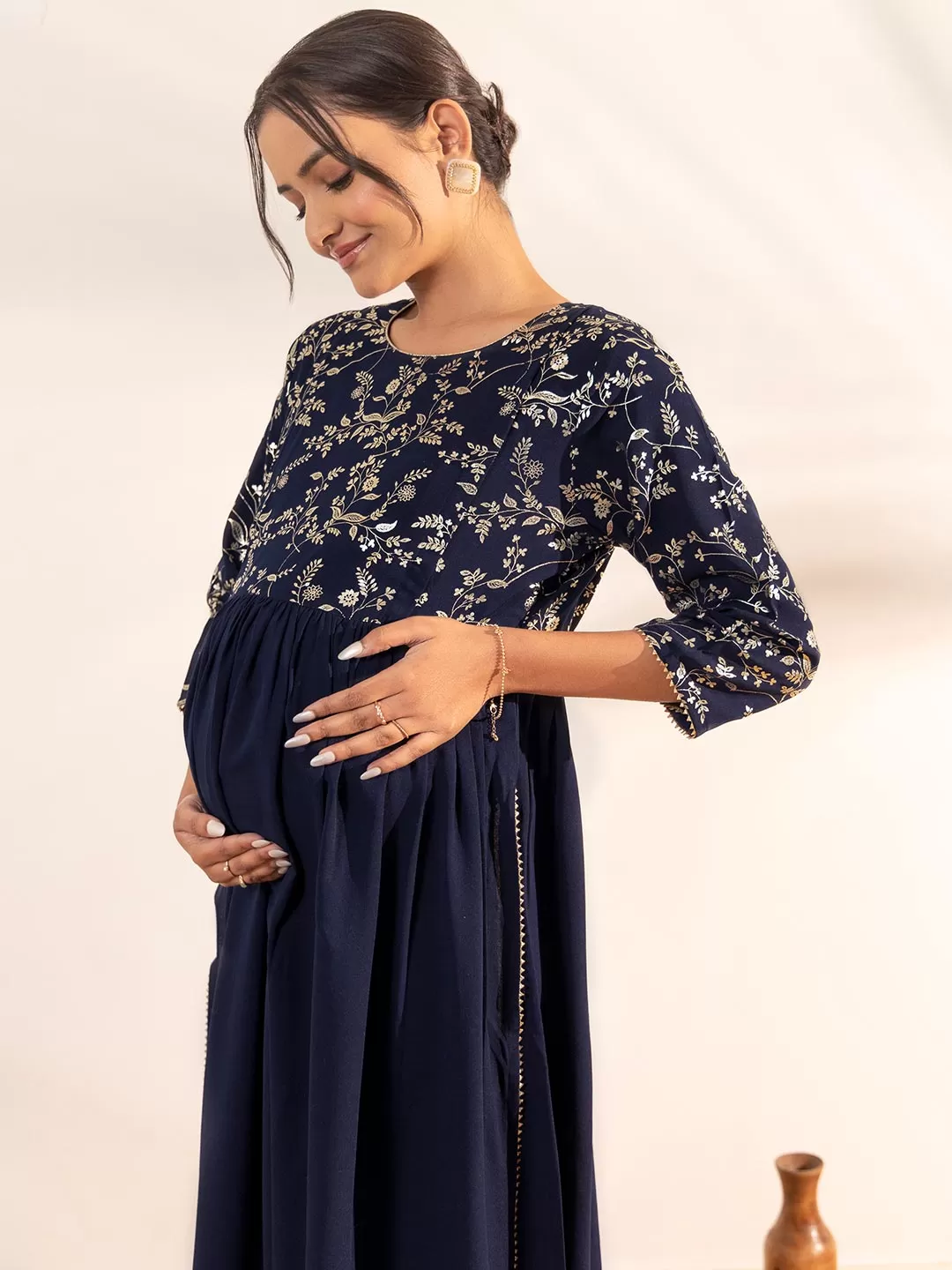 Navy Blue Georgette Yoke Foil Printed A Line Maternity Kurta