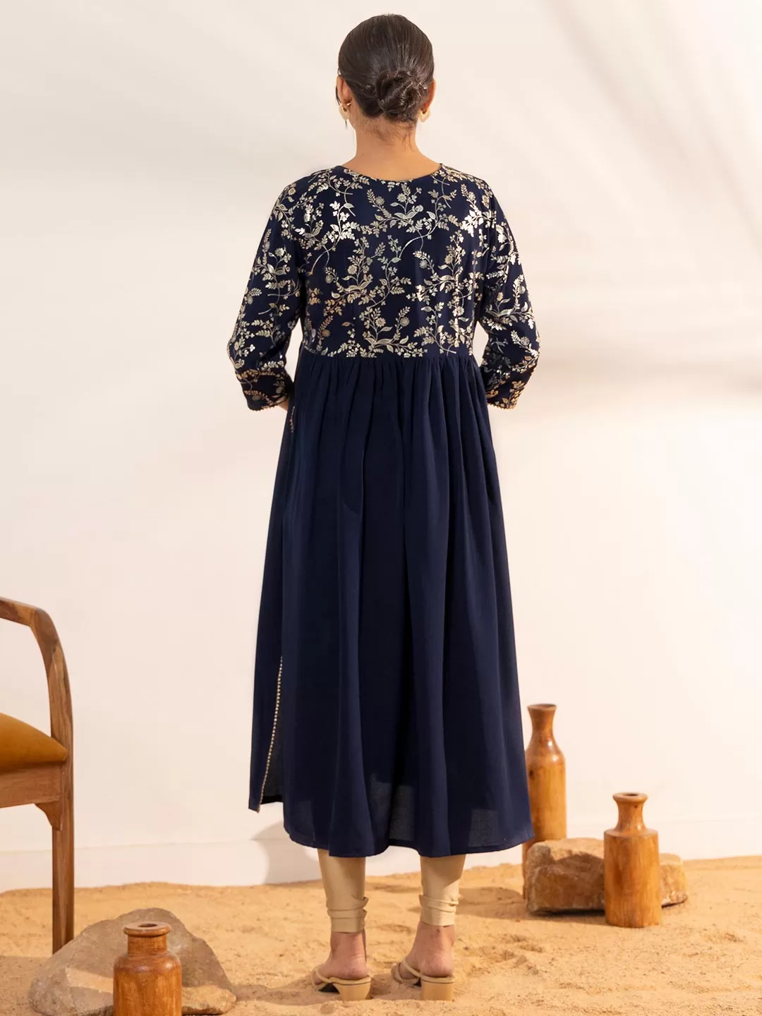 Navy Blue Georgette Yoke Foil Printed A Line Maternity Kurta