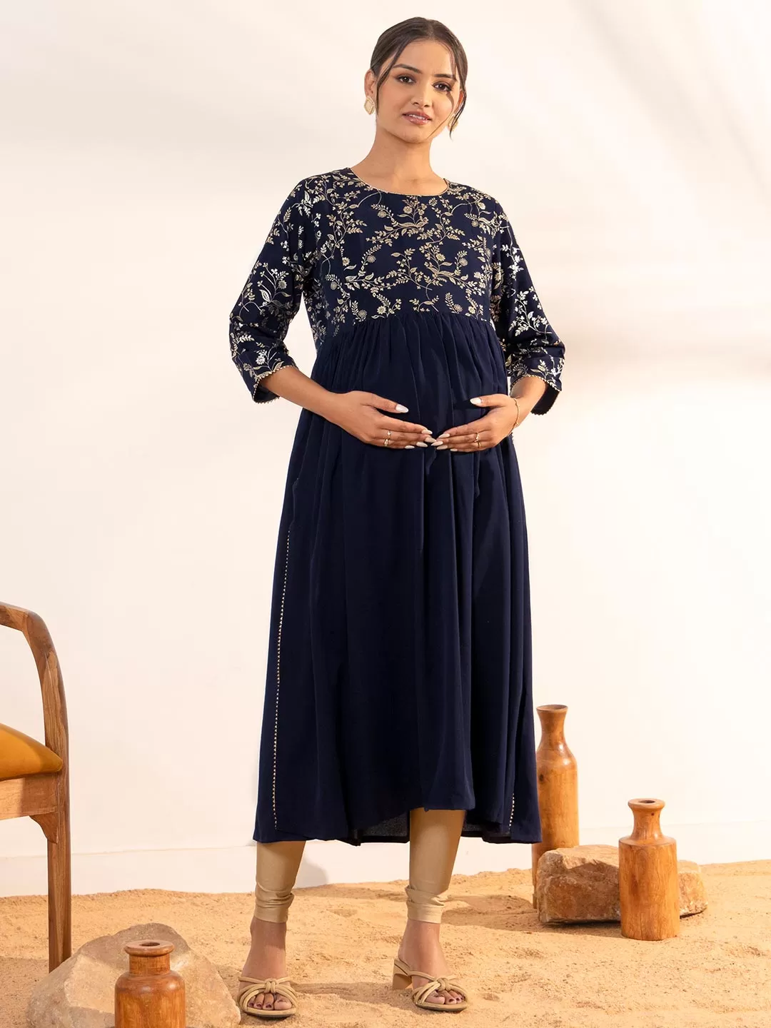 Navy Blue Georgette Yoke Foil Printed A Line Maternity Kurta