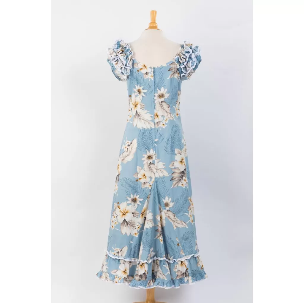 Navy Blue Hibiscus Print Ruffle Sleeve Dress