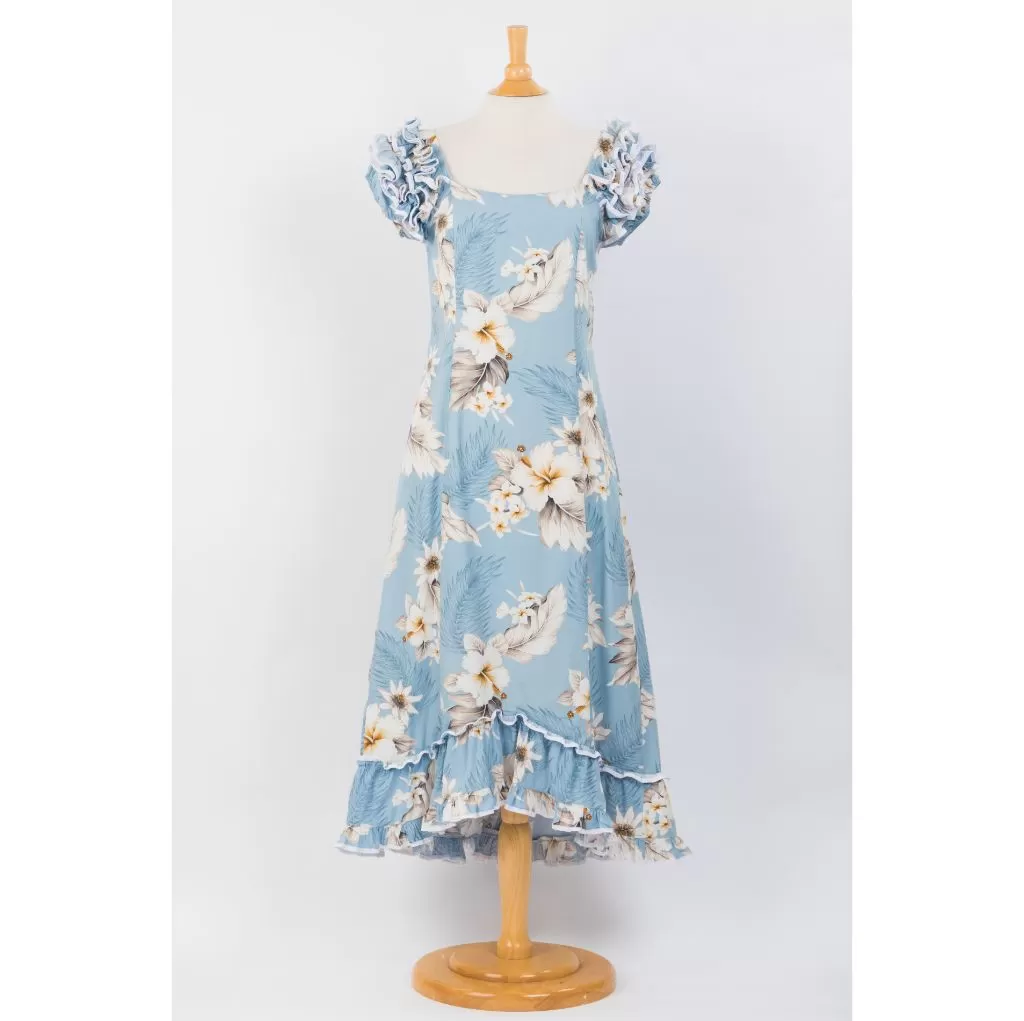 Navy Blue Hibiscus Print Ruffle Sleeve Dress