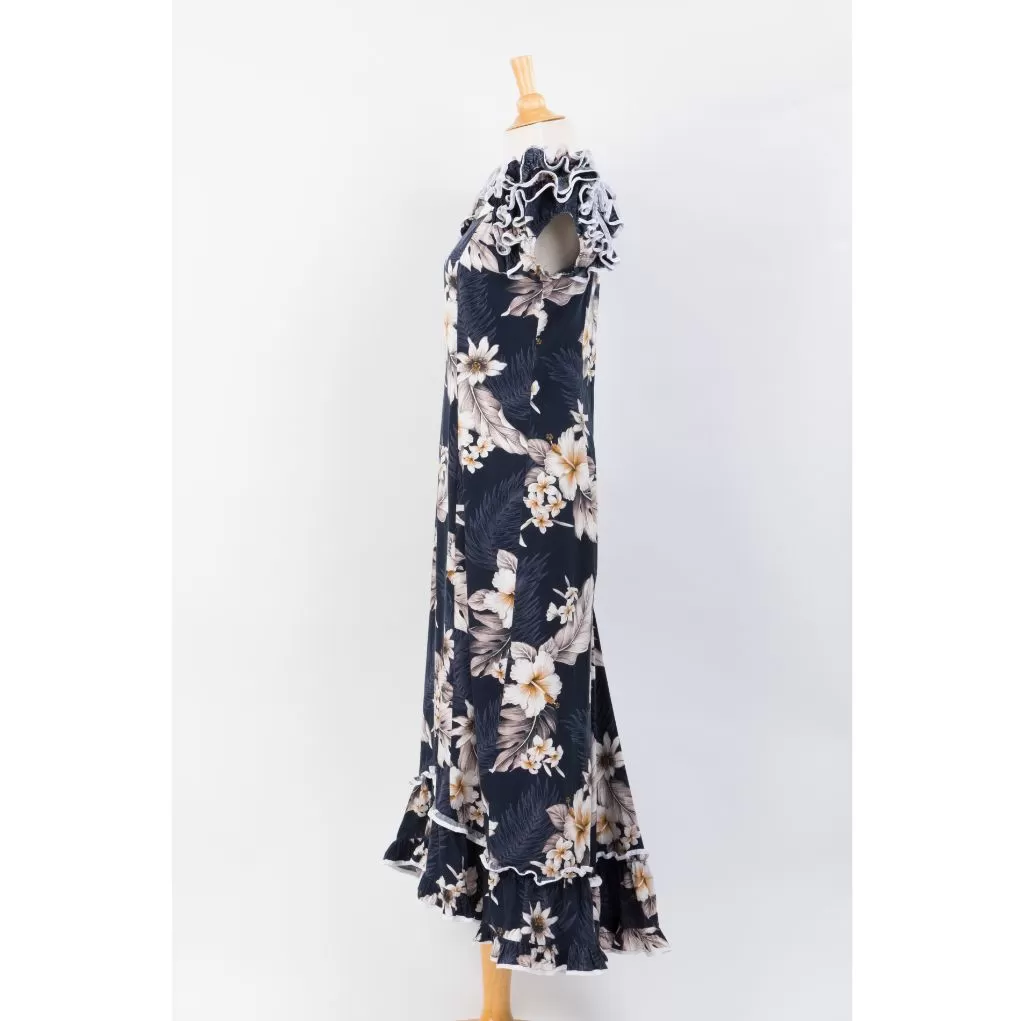 Navy Blue Hibiscus Print Ruffle Sleeve Dress