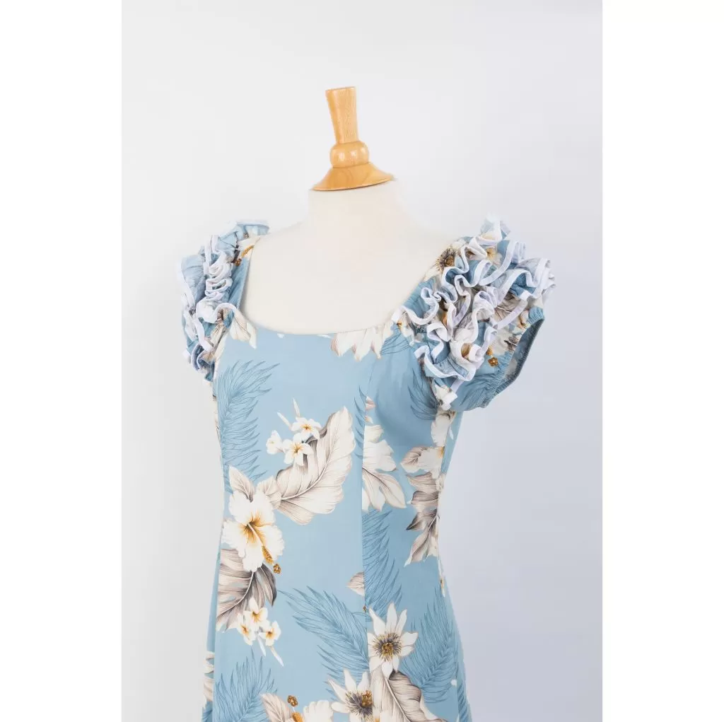 Navy Blue Hibiscus Print Ruffle Sleeve Dress