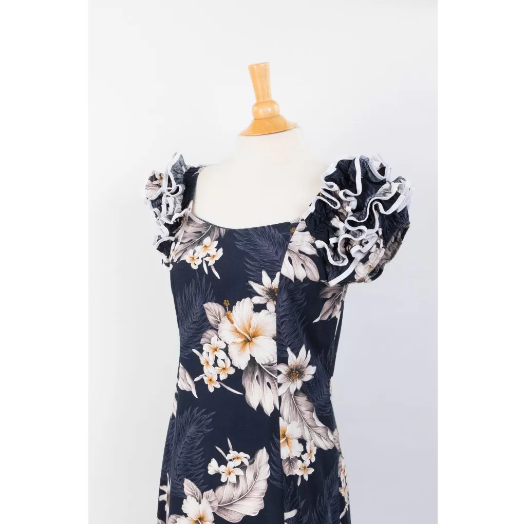 Navy Blue Hibiscus Print Ruffle Sleeve Dress