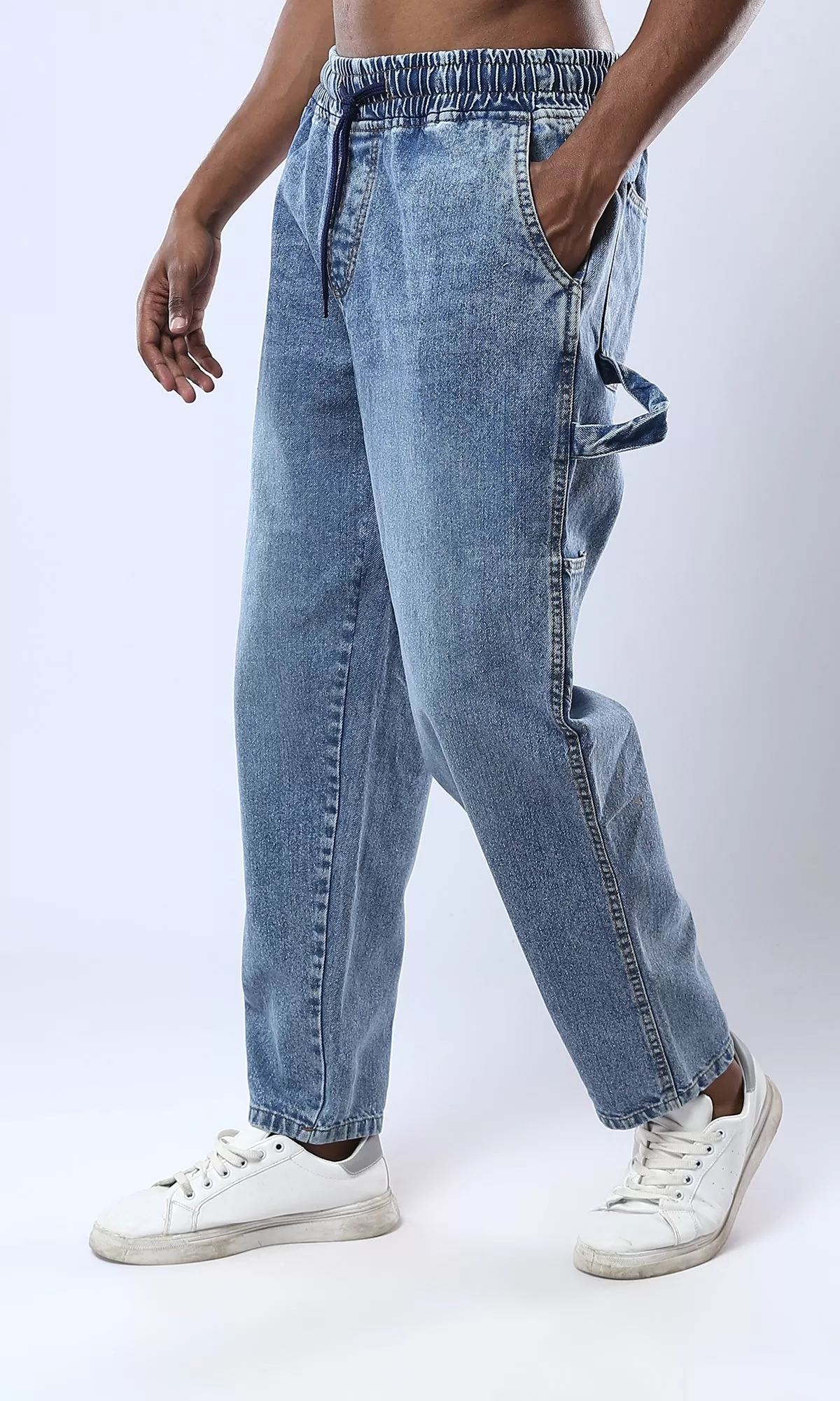 O174037 Elastic Waist With Drawstring Balloon Jeans - Stonewash