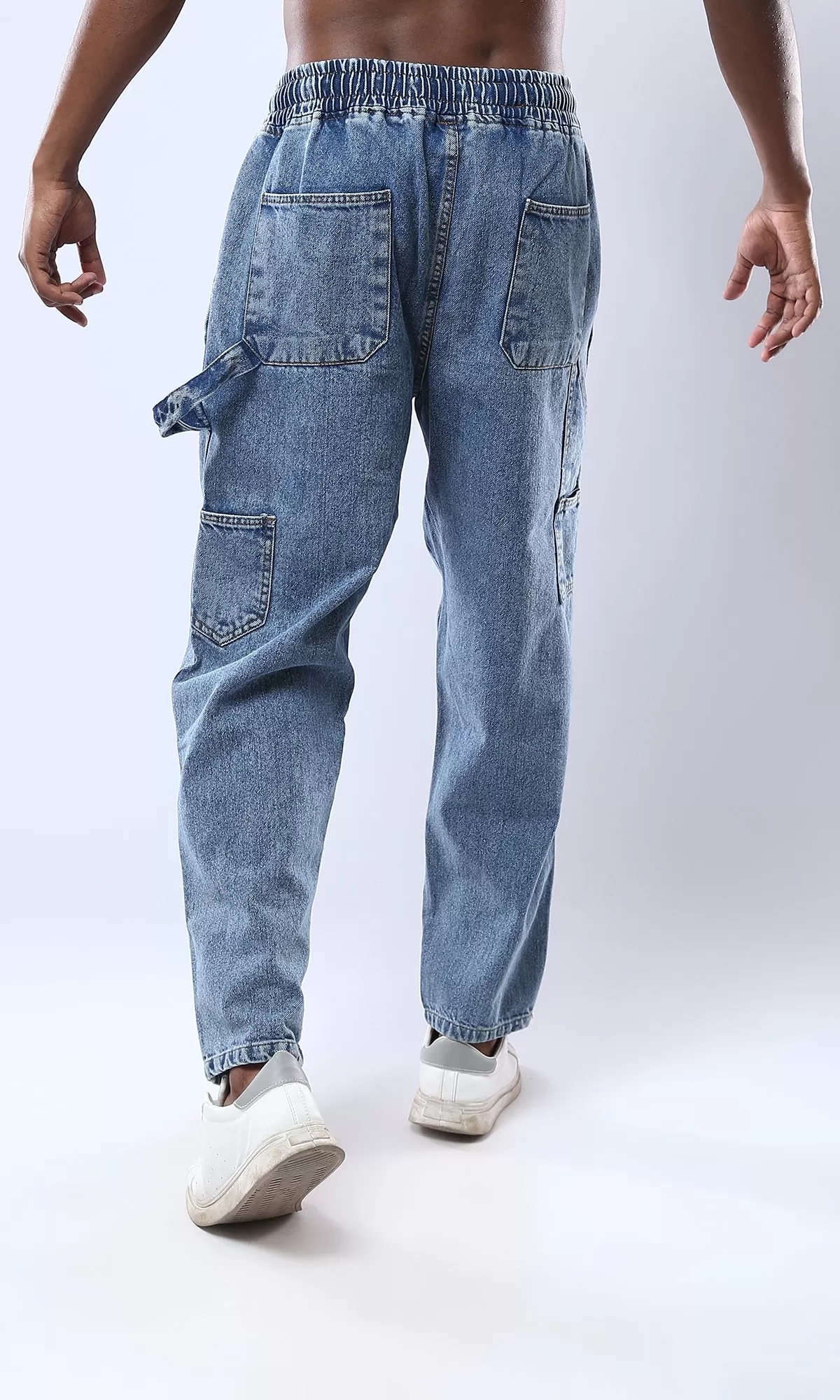 O174037 Elastic Waist With Drawstring Balloon Jeans - Stonewash