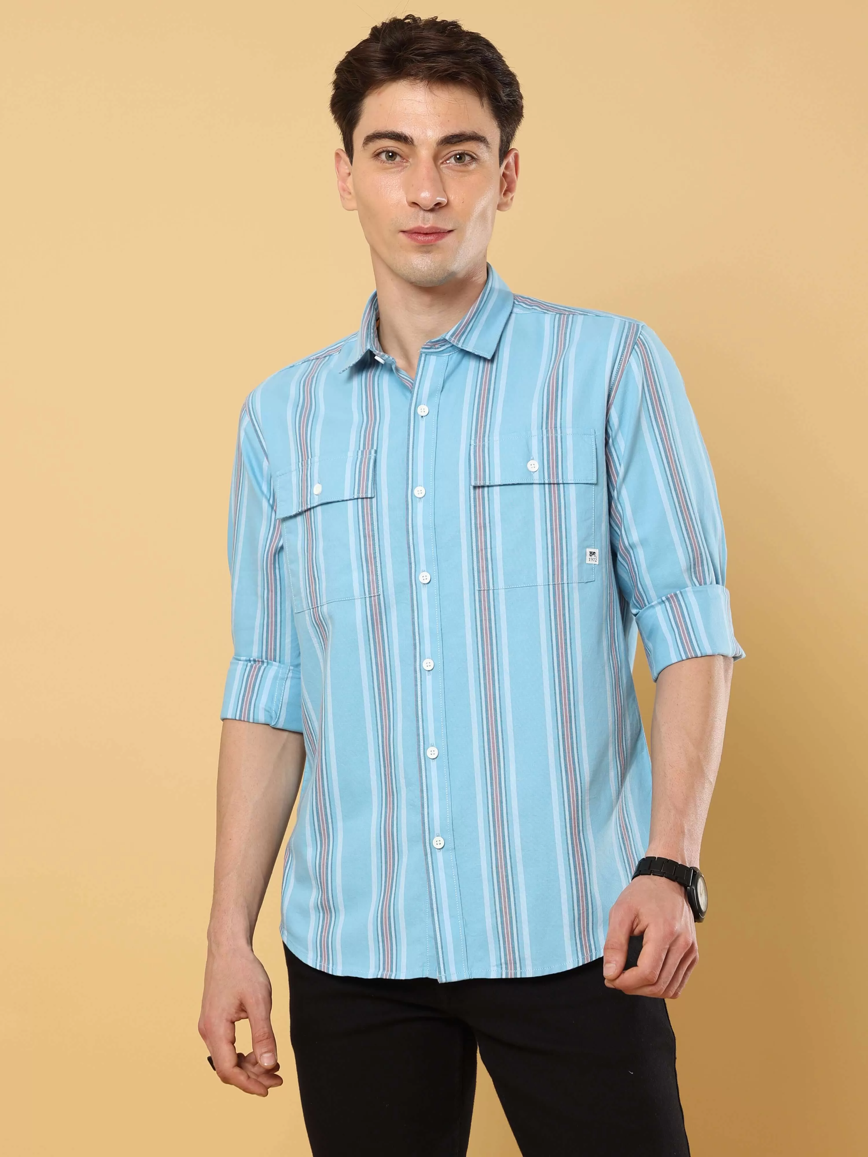 Ocean Blue Stripped Double Pocket Shirt