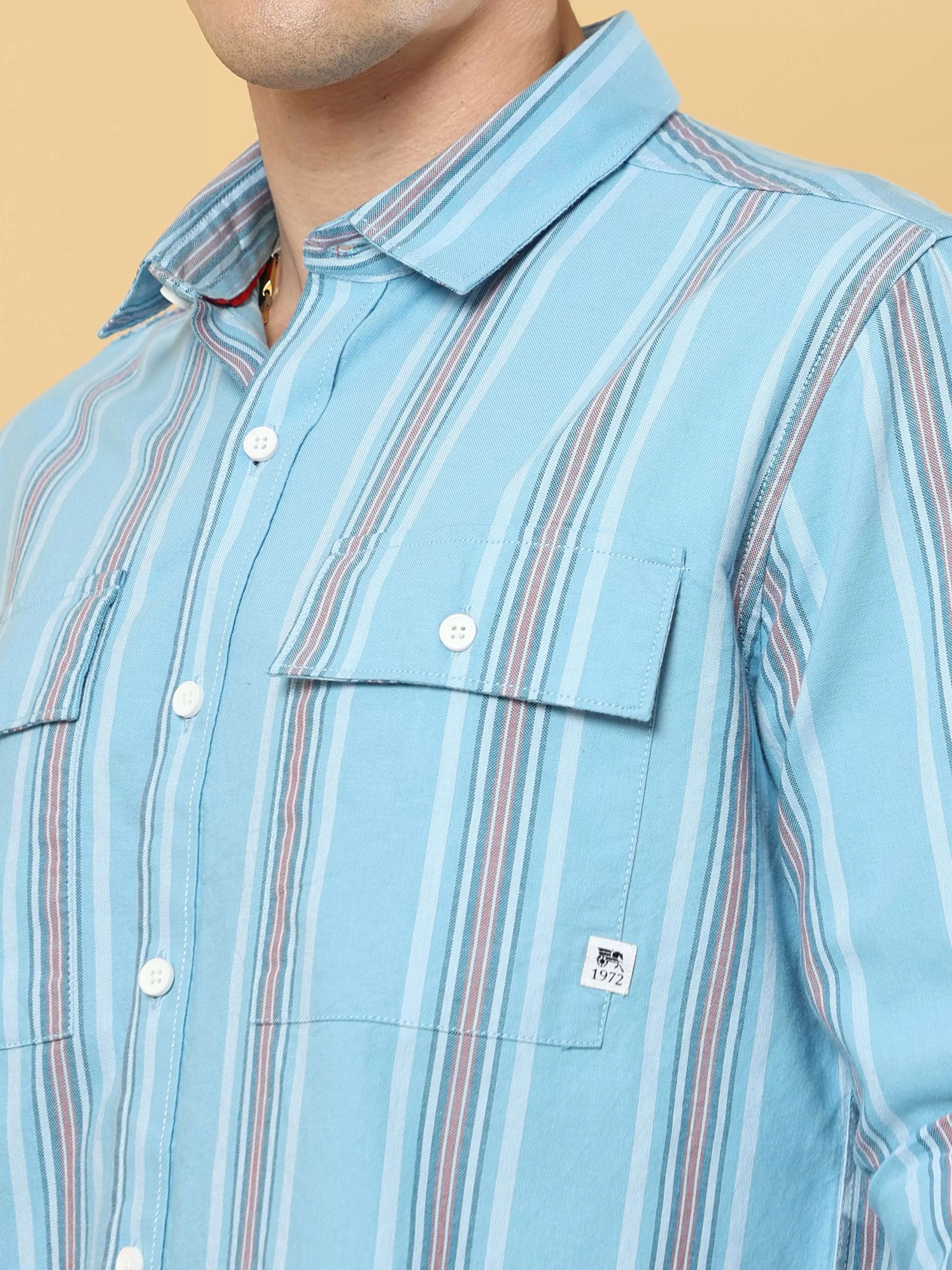 Ocean Blue Stripped Double Pocket Shirt