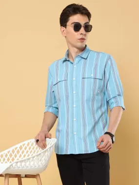 Ocean Blue Stripped Double Pocket Shirt