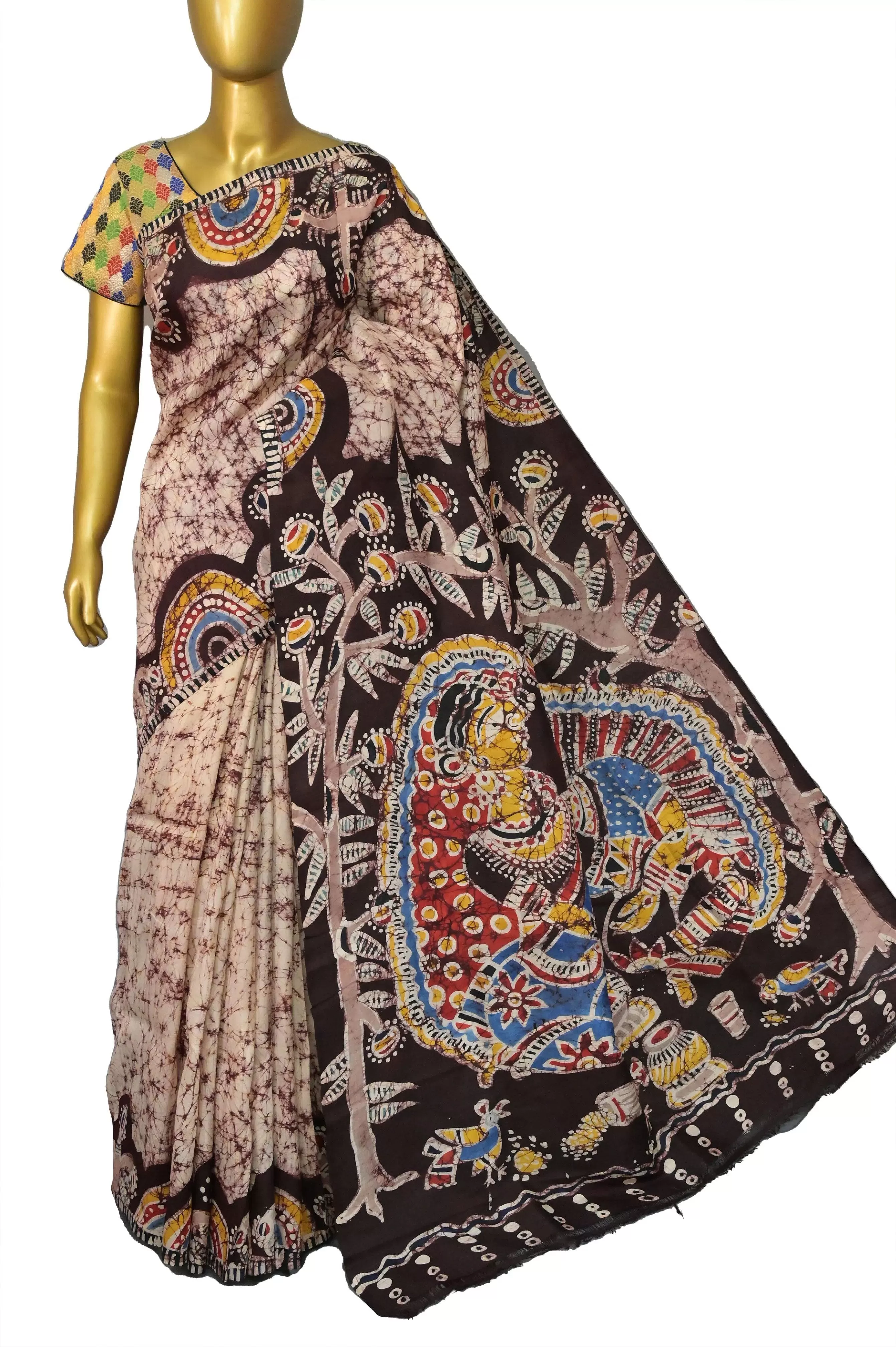 Offwhite and Brown Color Pure Bishnupur Katan Silk with Batik Madhubani Work